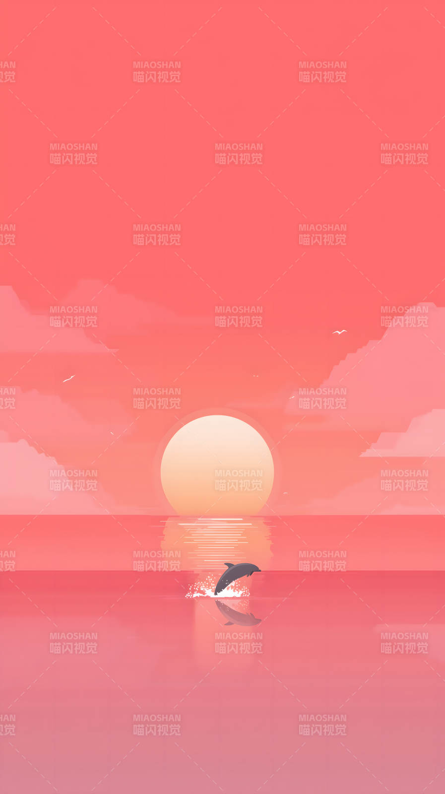 日落海滩跃起的海豚图片