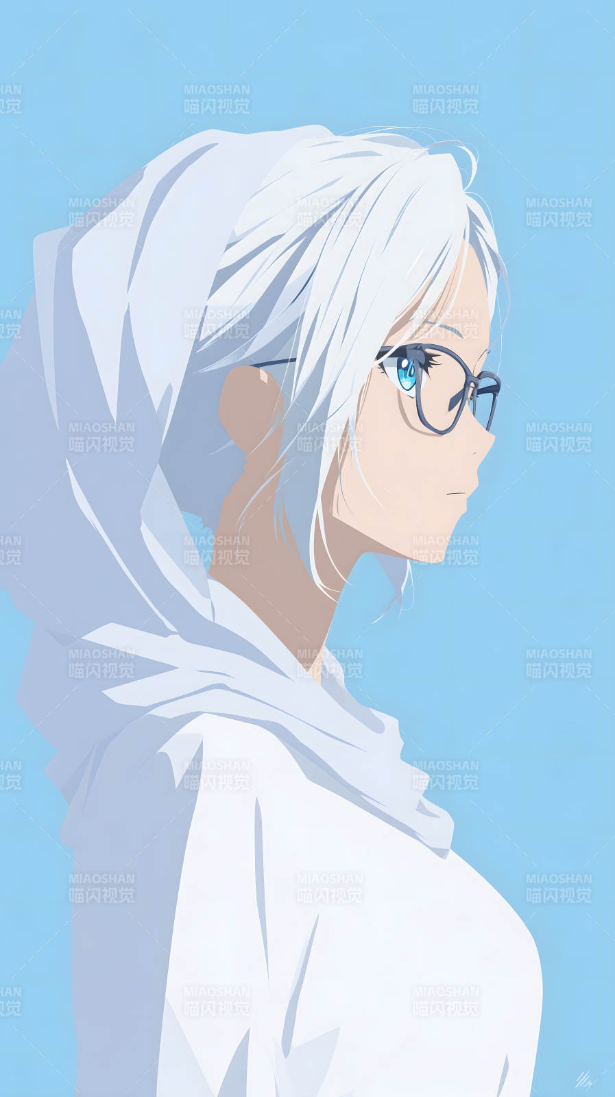 白发眼镜少女侧身像图片