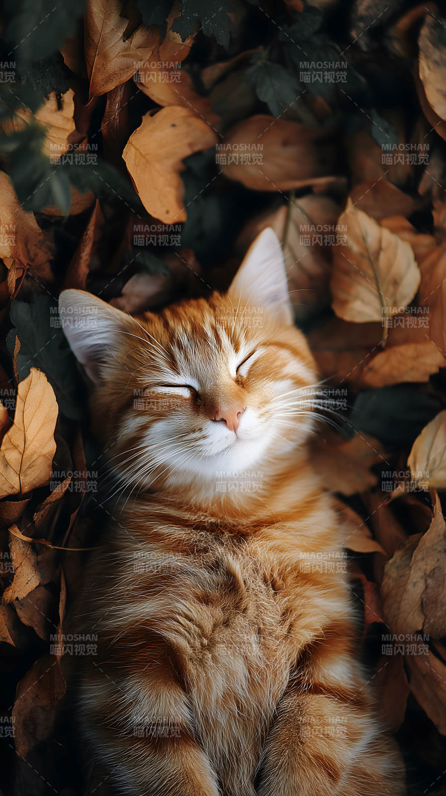 秋叶中酣睡的橘猫图片