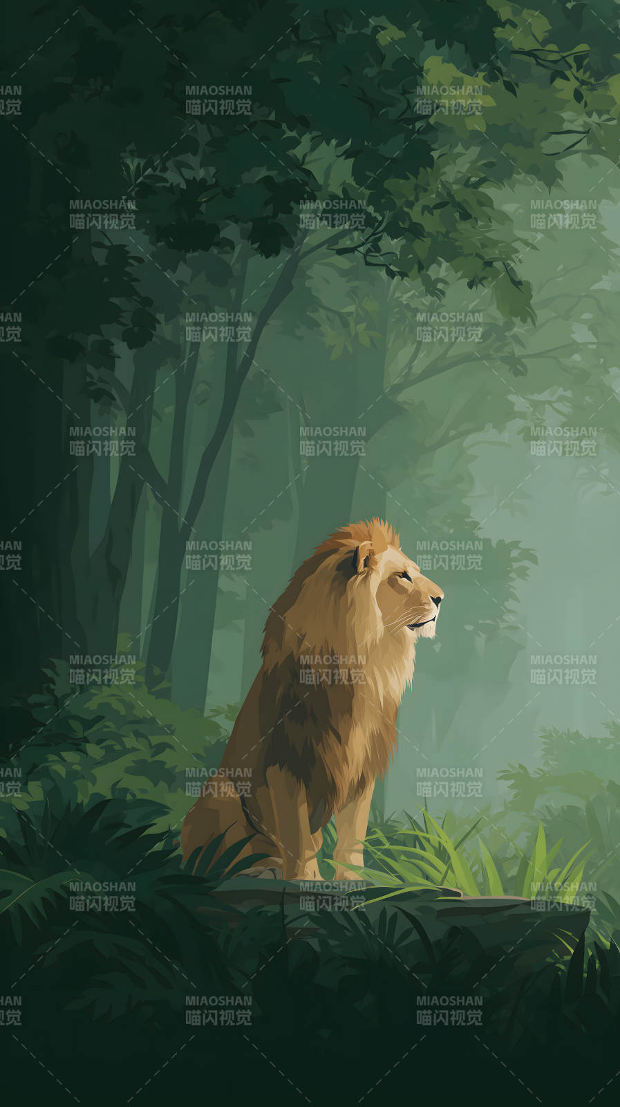 森林深处雄狮静坐图片