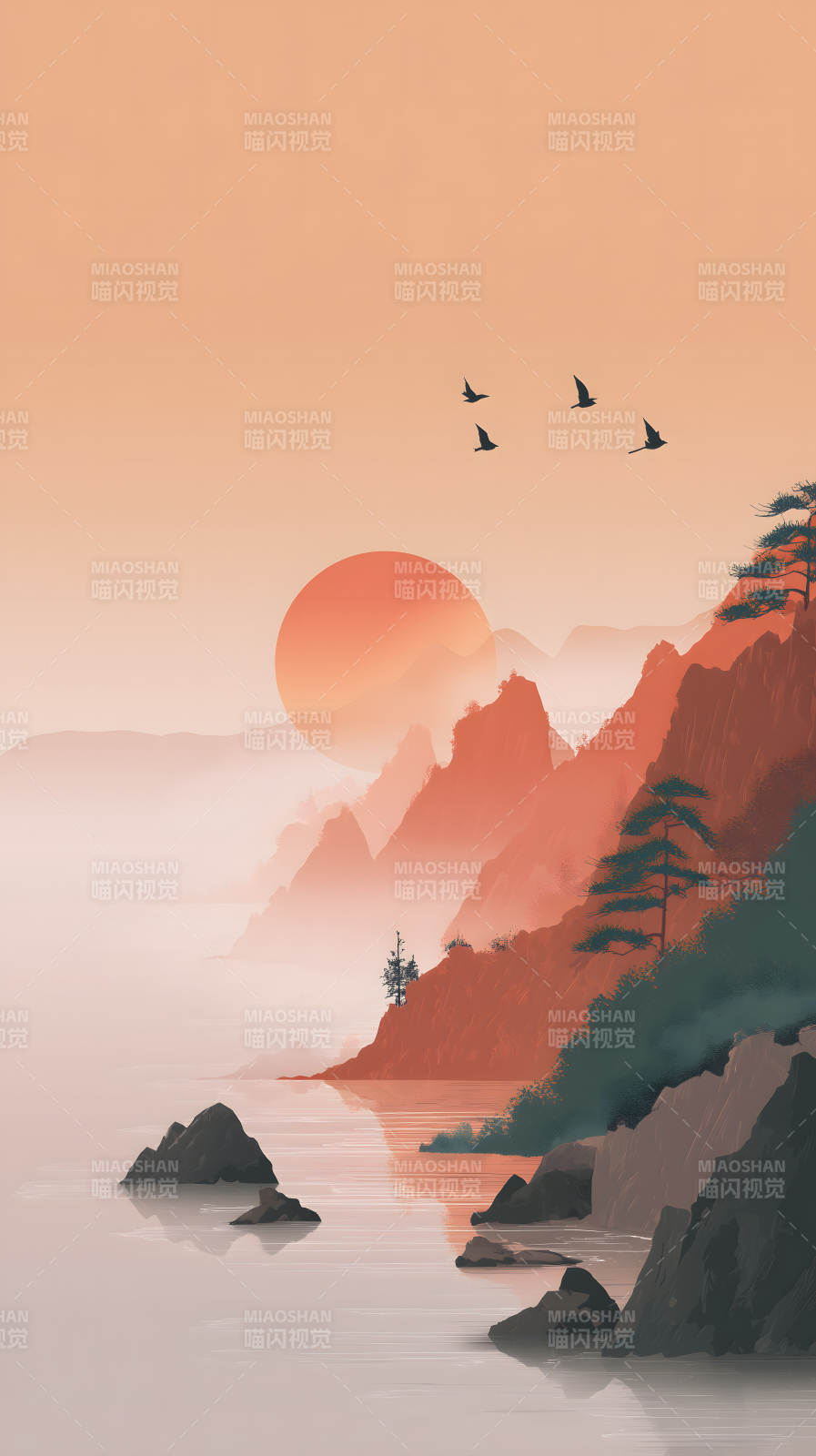 日落山峦静谧湖泊图片