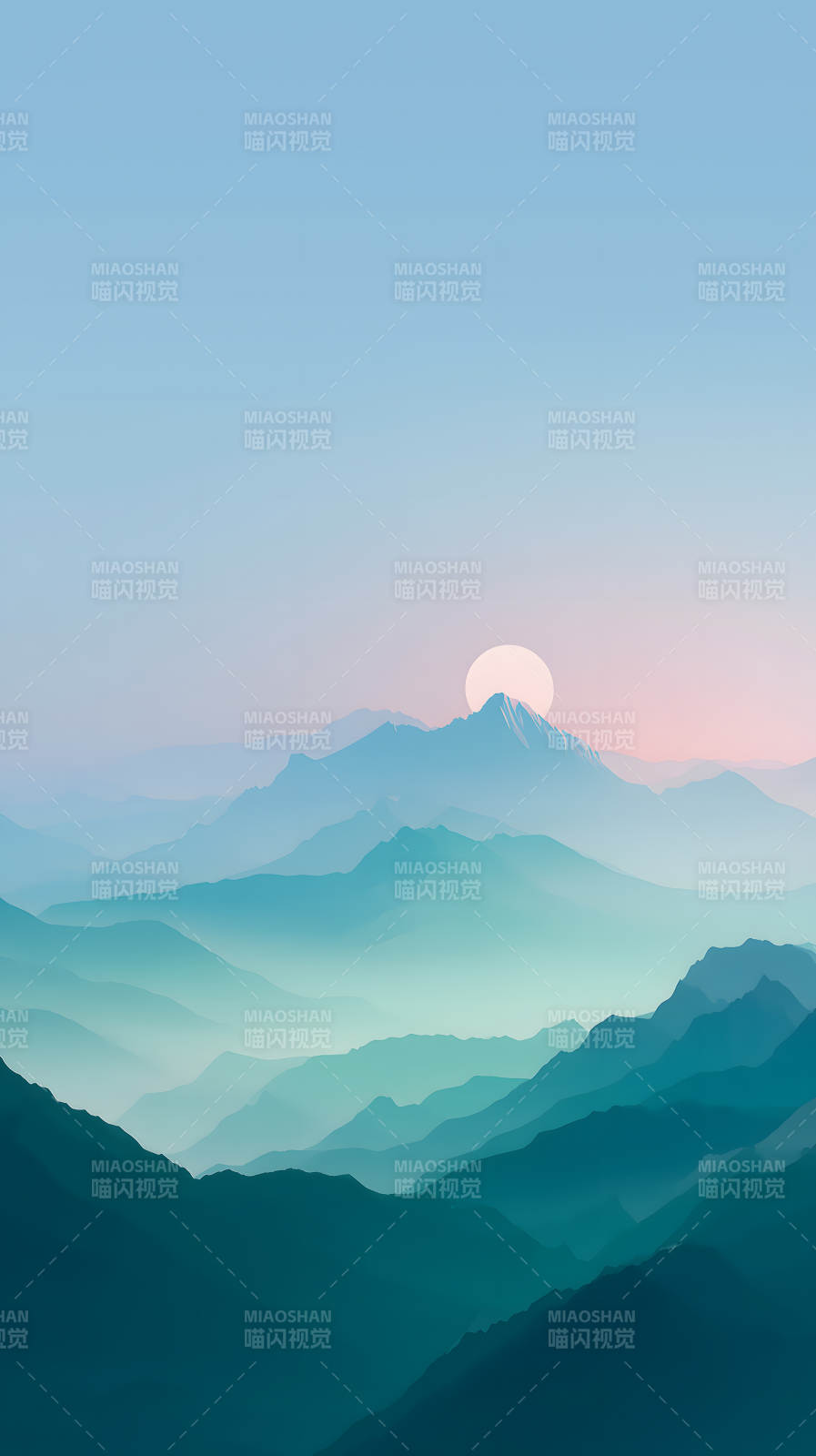 朦胧山峦与旭日东升图片