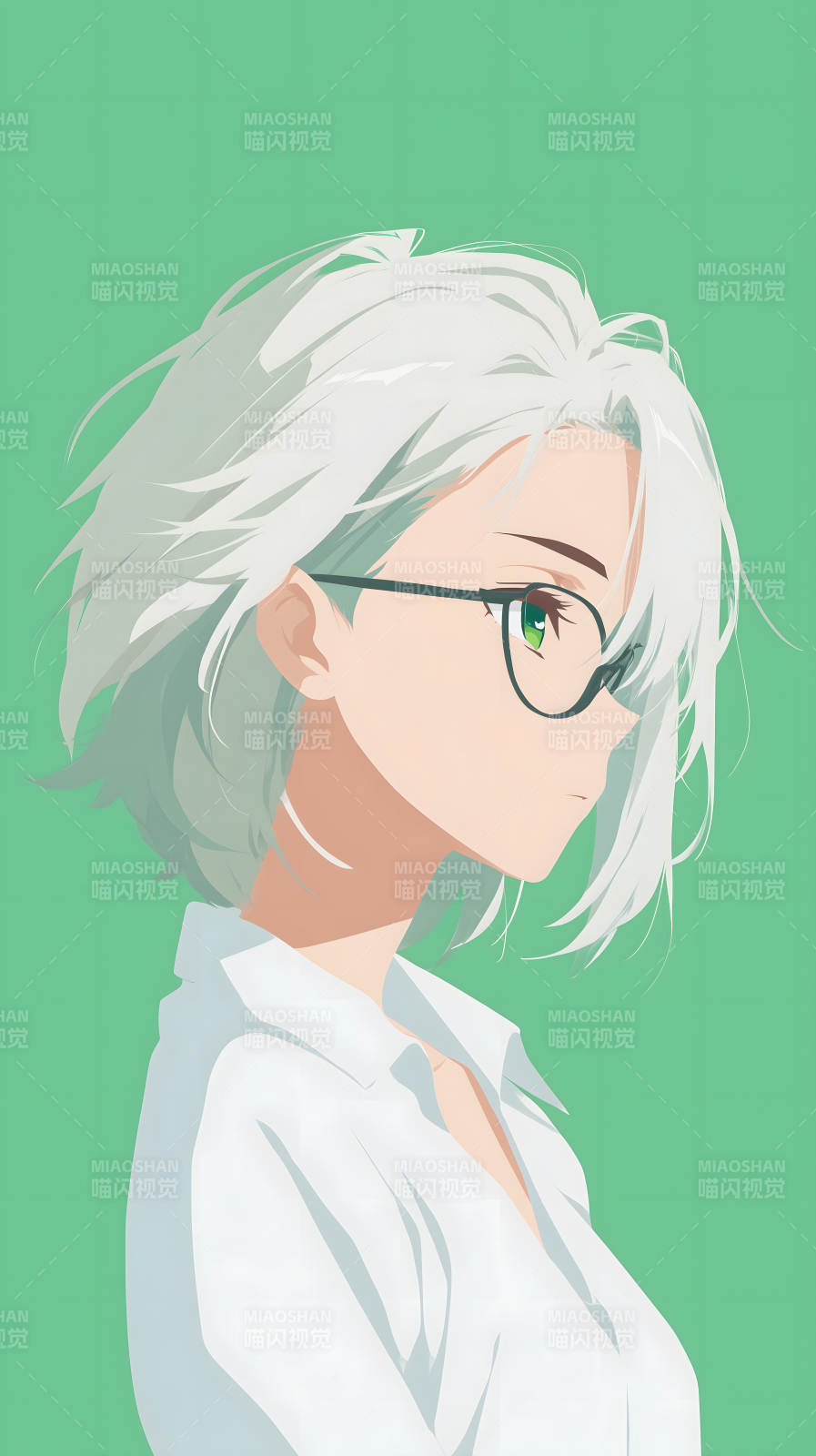 侧颜白发眼镜少女图片