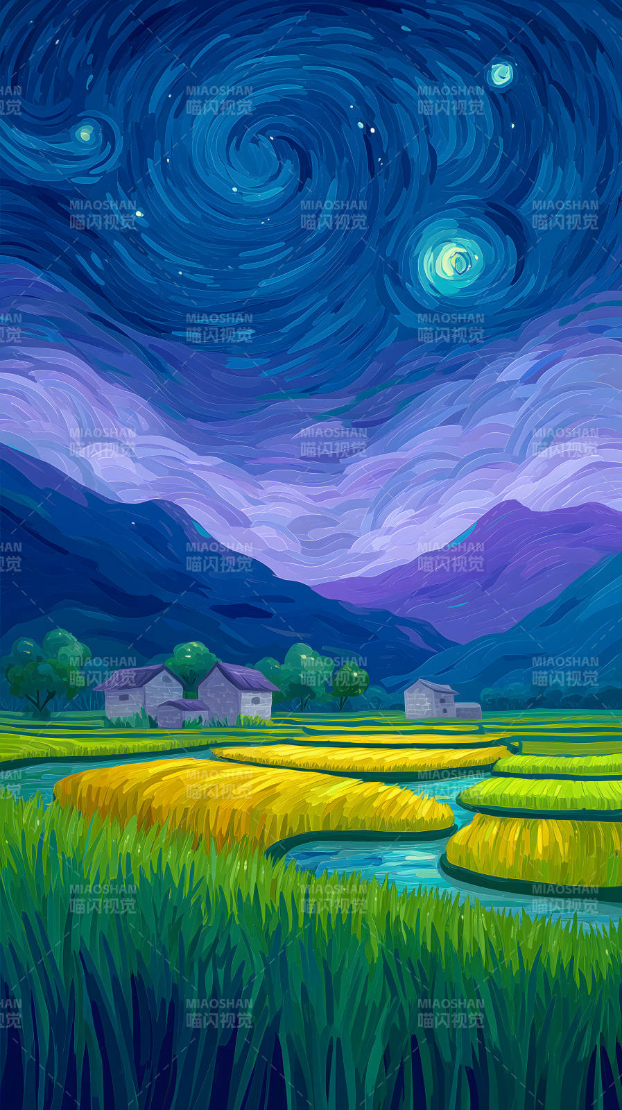 星空下的稻田村庄图片
