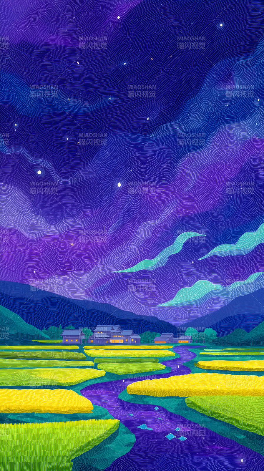 夜幕下的稻田村庄图片