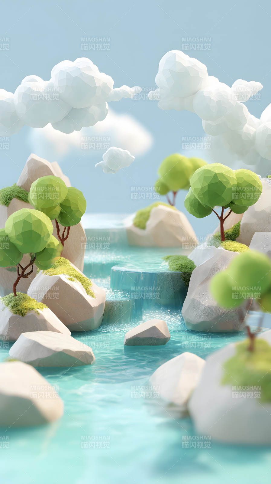 低多边形风格的梦幻瀑布图片