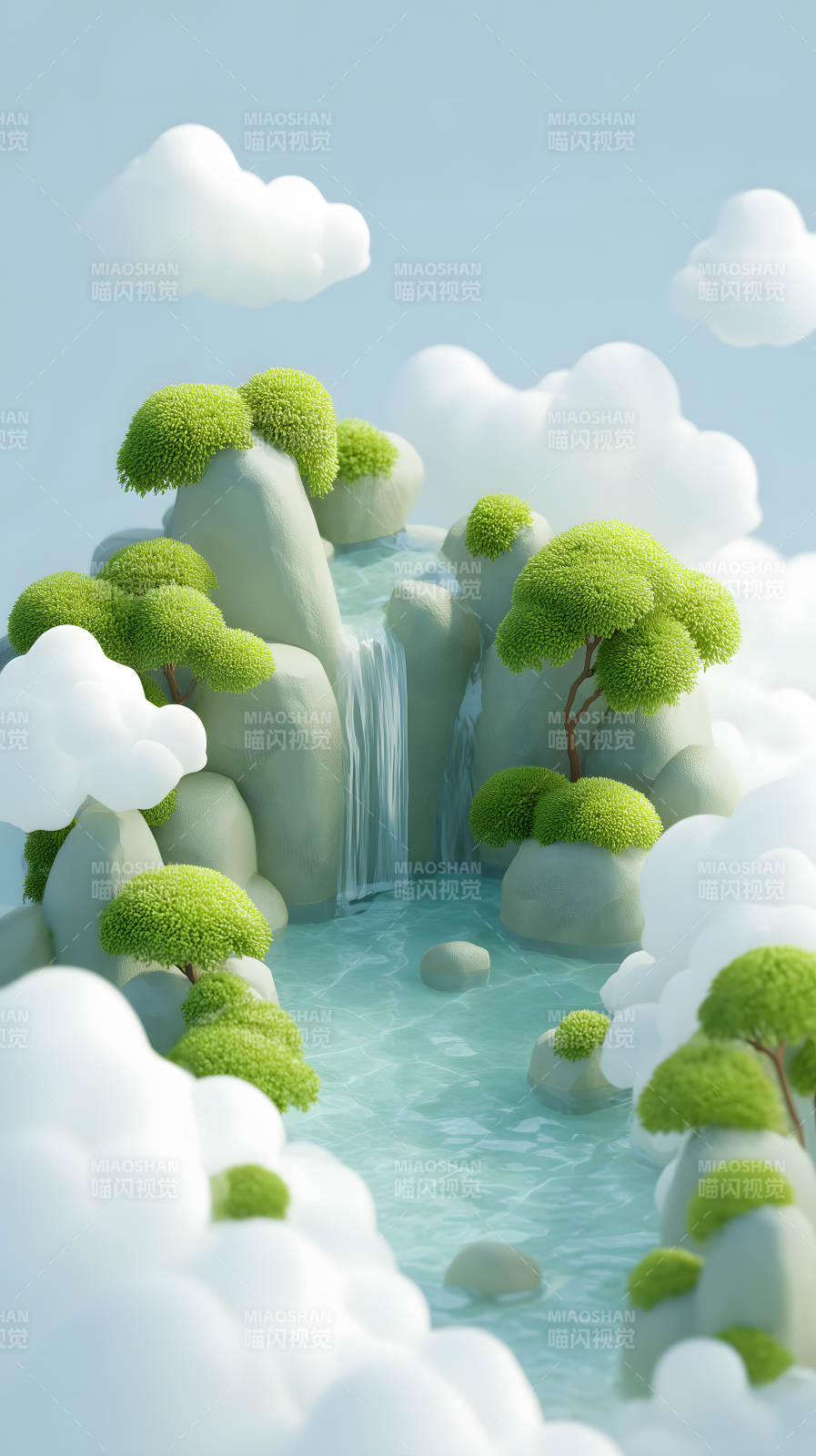 云端仙境瀑布溪流图片