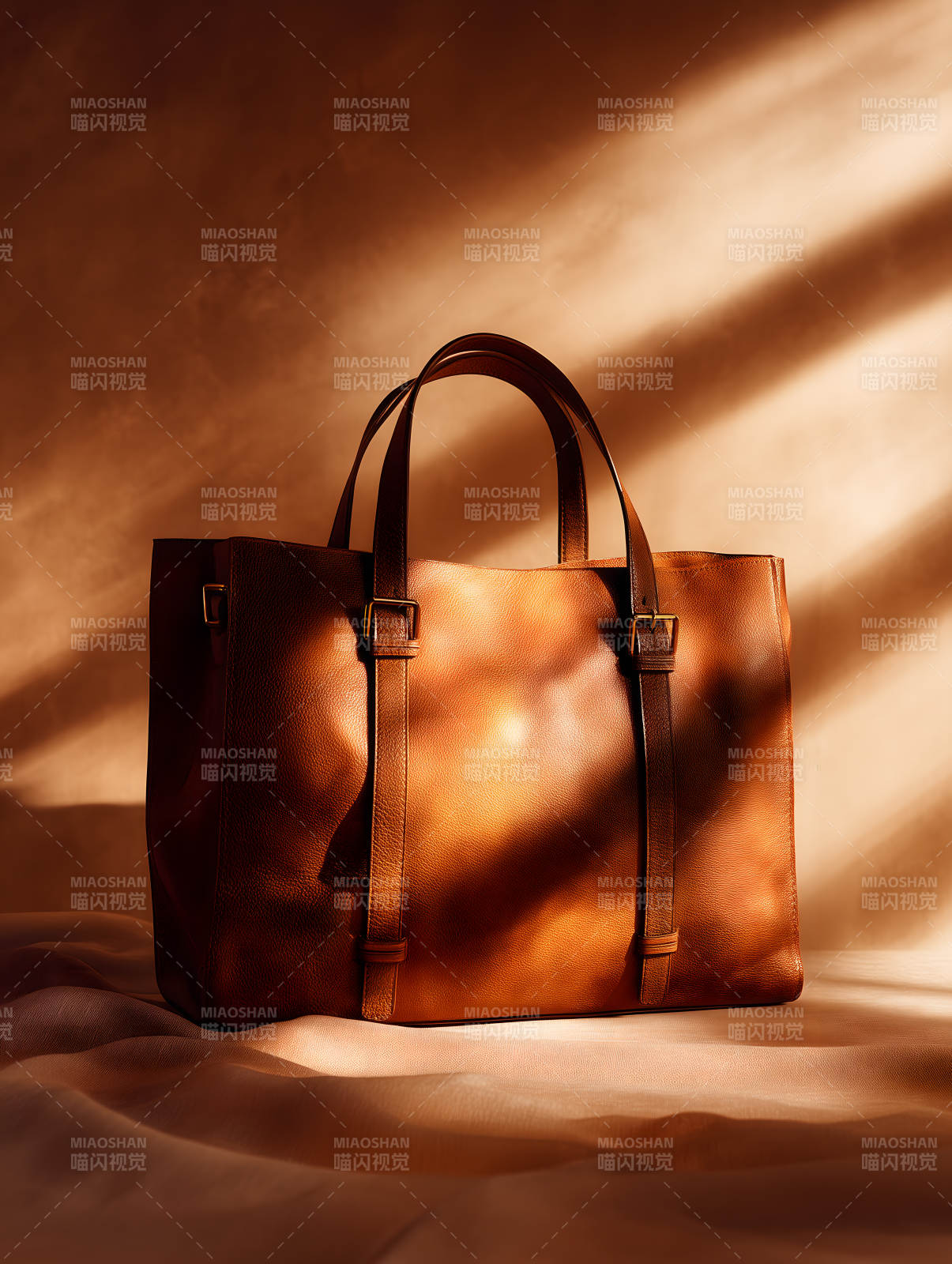 光影下的棕色真皮手提包图片