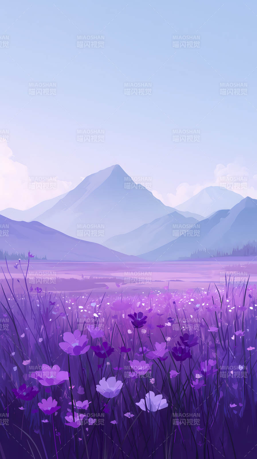 梦幻紫色花田与远山图片
