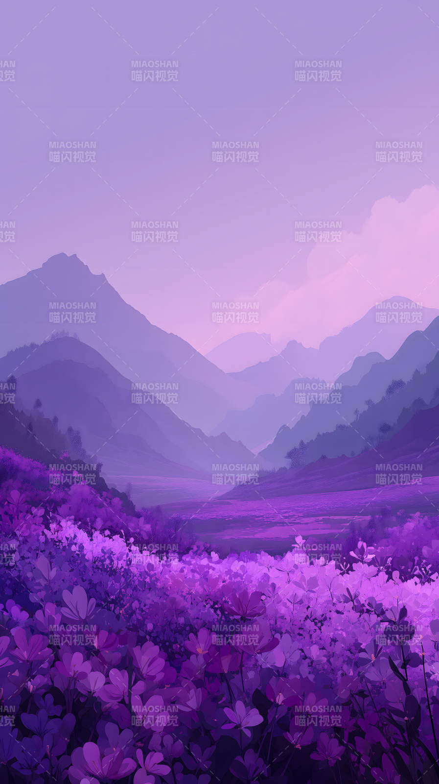 紫罗兰花海山峦景色图片