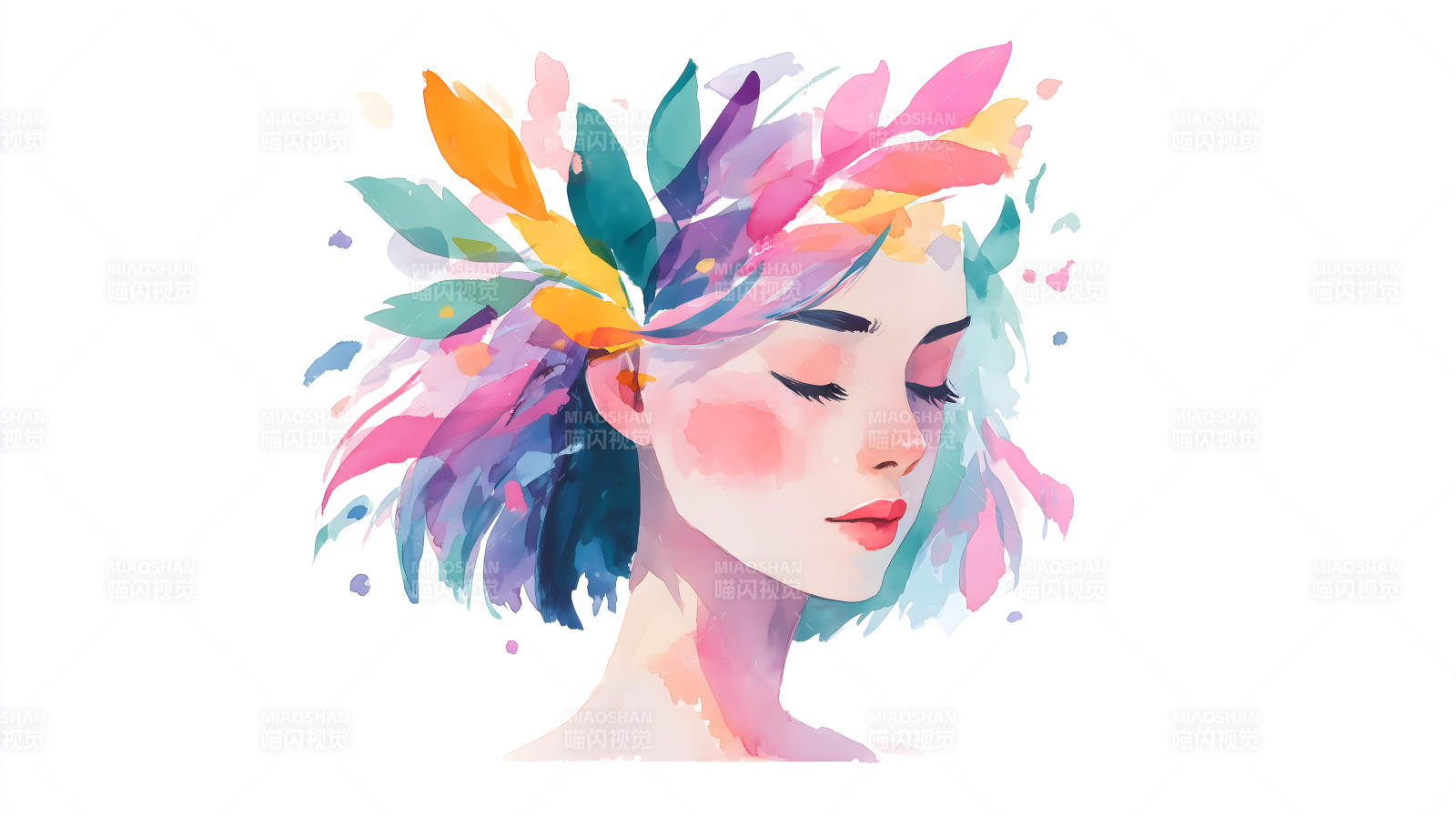 水彩梦幻女孩花环发饰图片