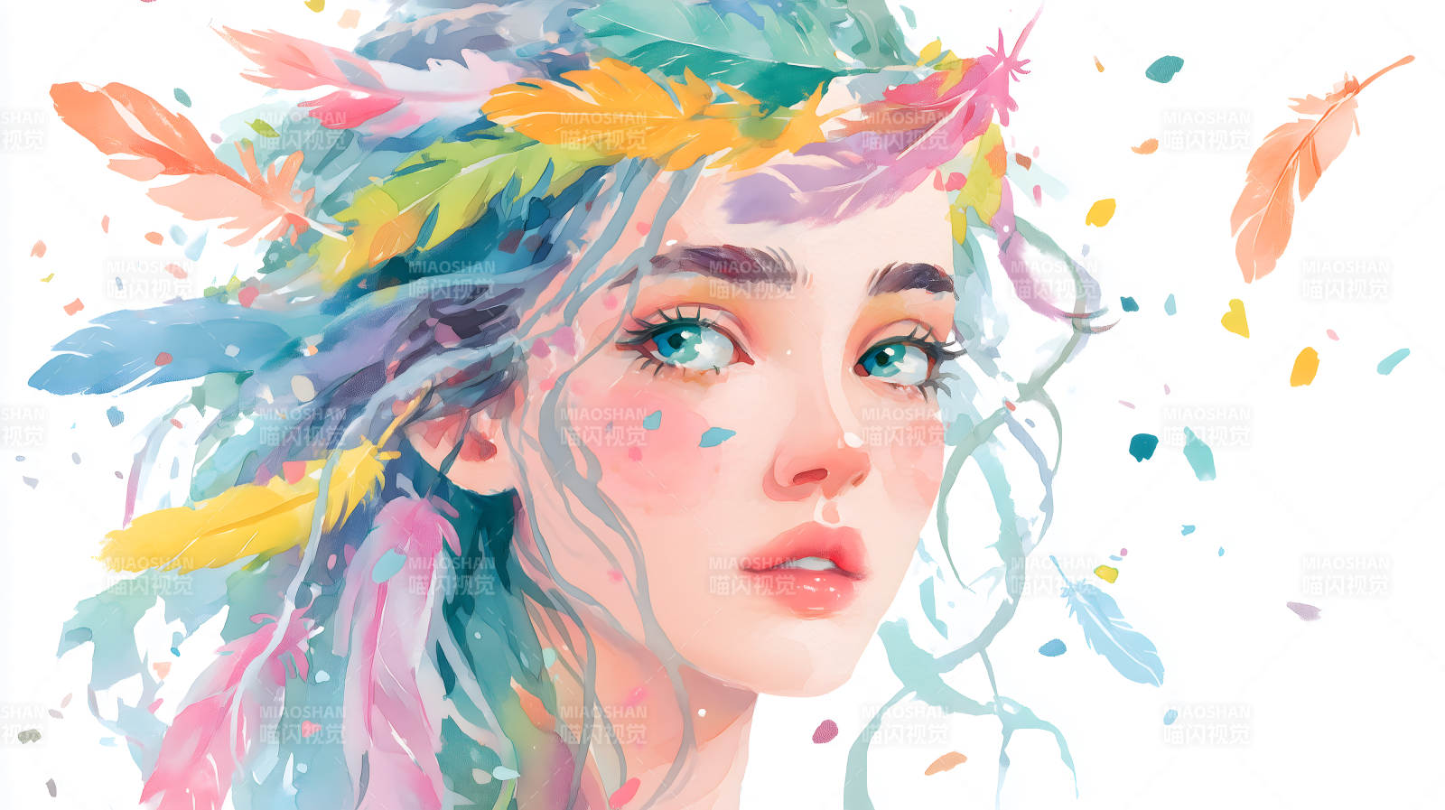 水彩画中梦幻的羽毛女孩图片