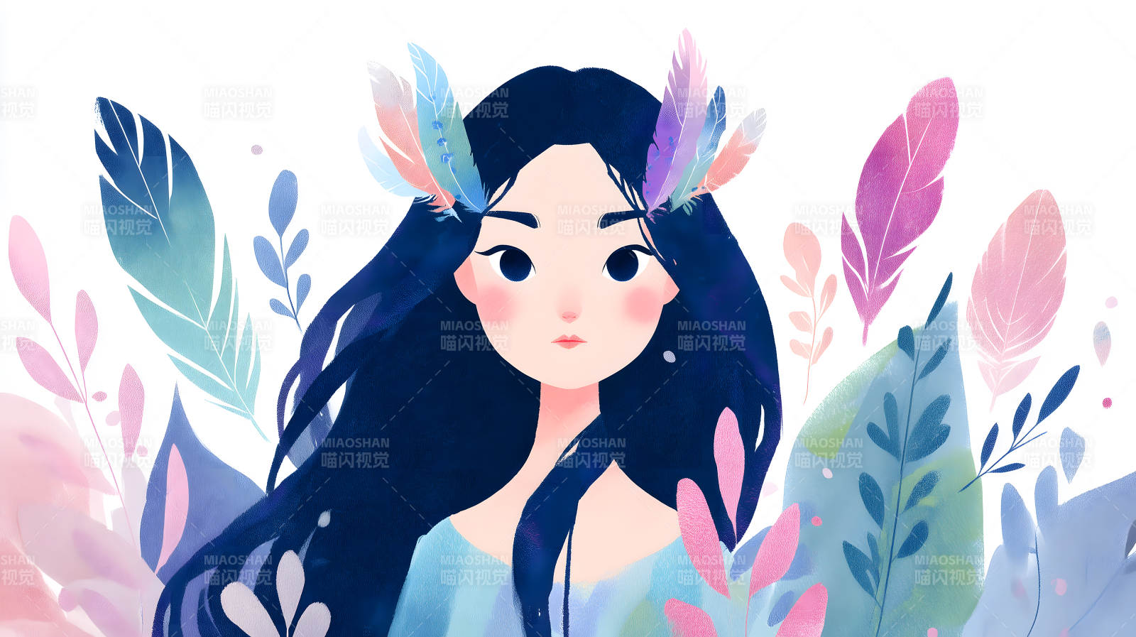 梦幻女孩与彩色羽毛图片