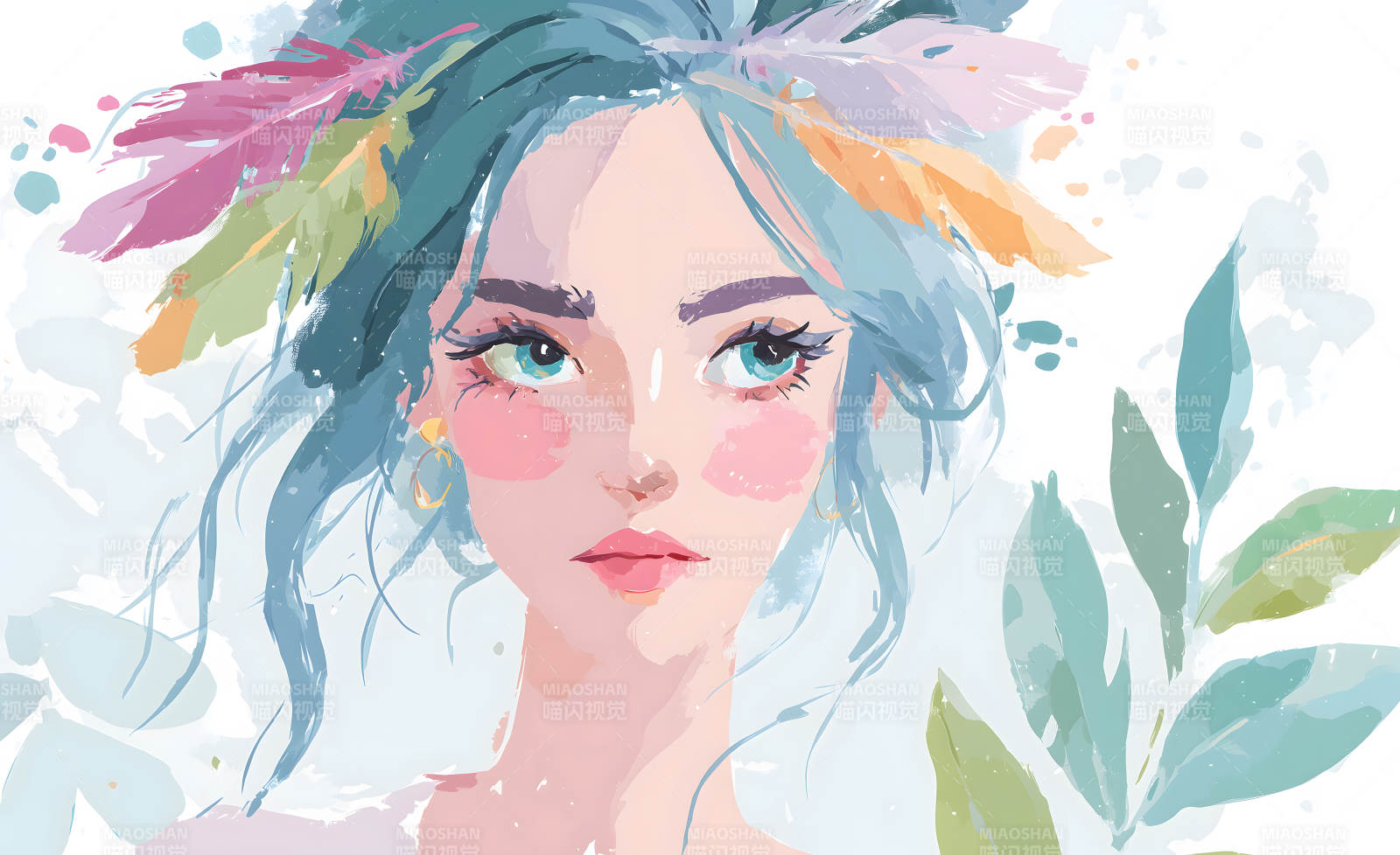 梦幻水彩少女与羽毛图片