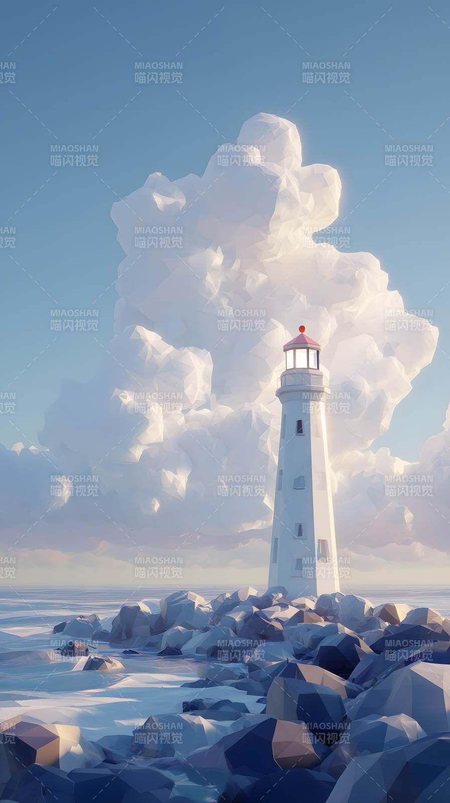 低多边形风格的灯塔海景图片