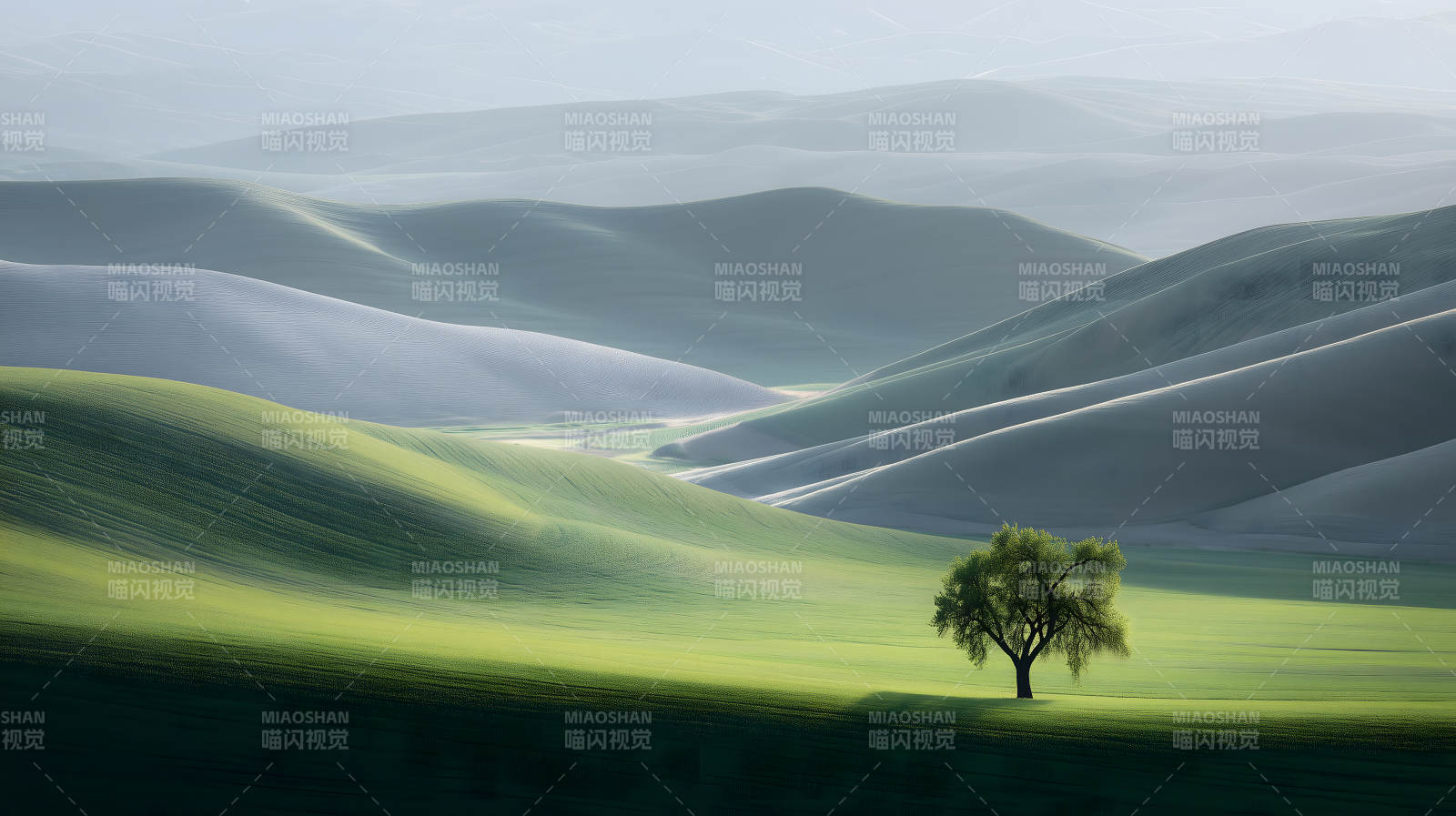 苍茫山峦间的孤树图片