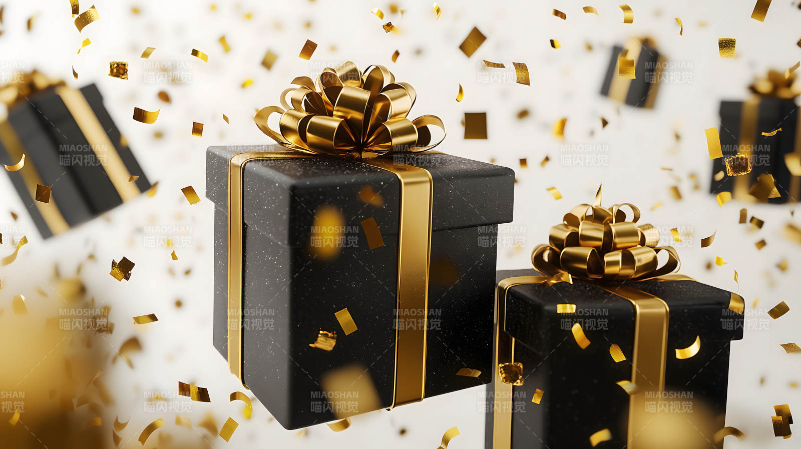 黑色金色礼盒与彩带图片