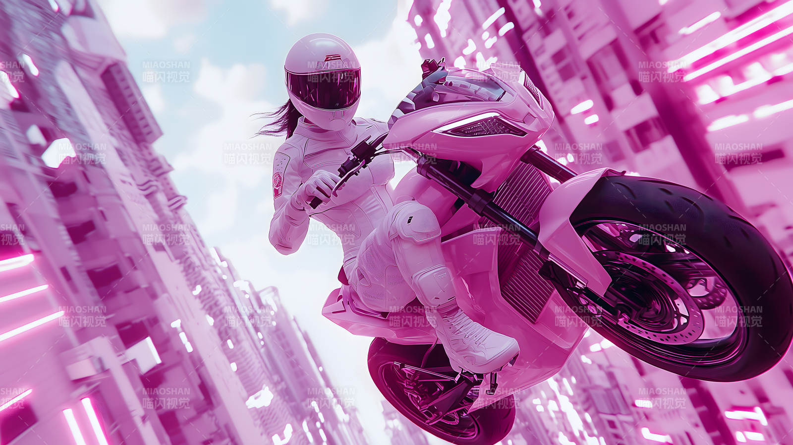 粉色摩托女郎飞驰都市图片