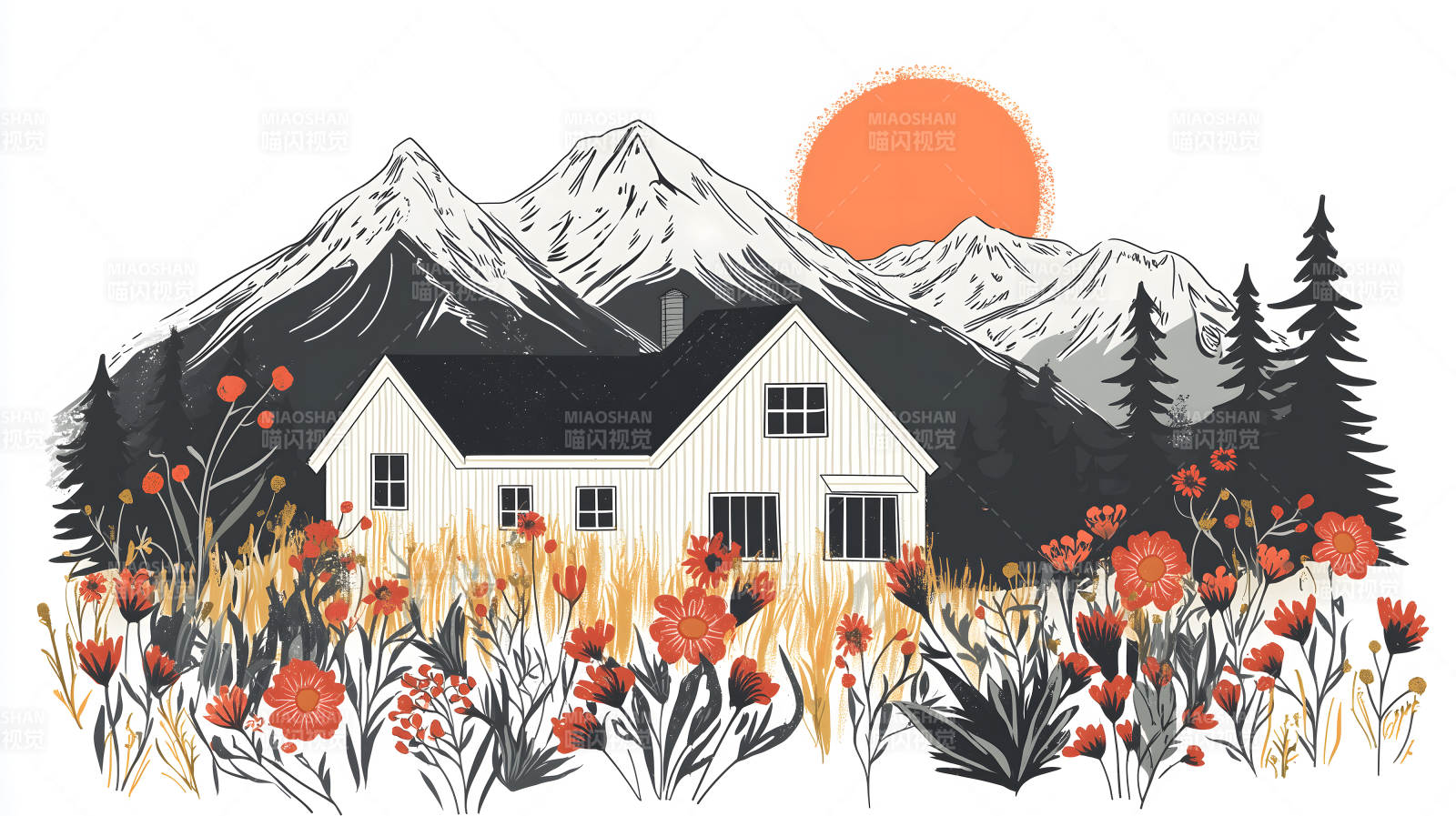 山间小屋与花田图片