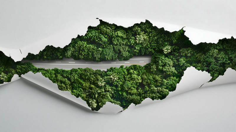 撕裂的纸张与森林公路图片