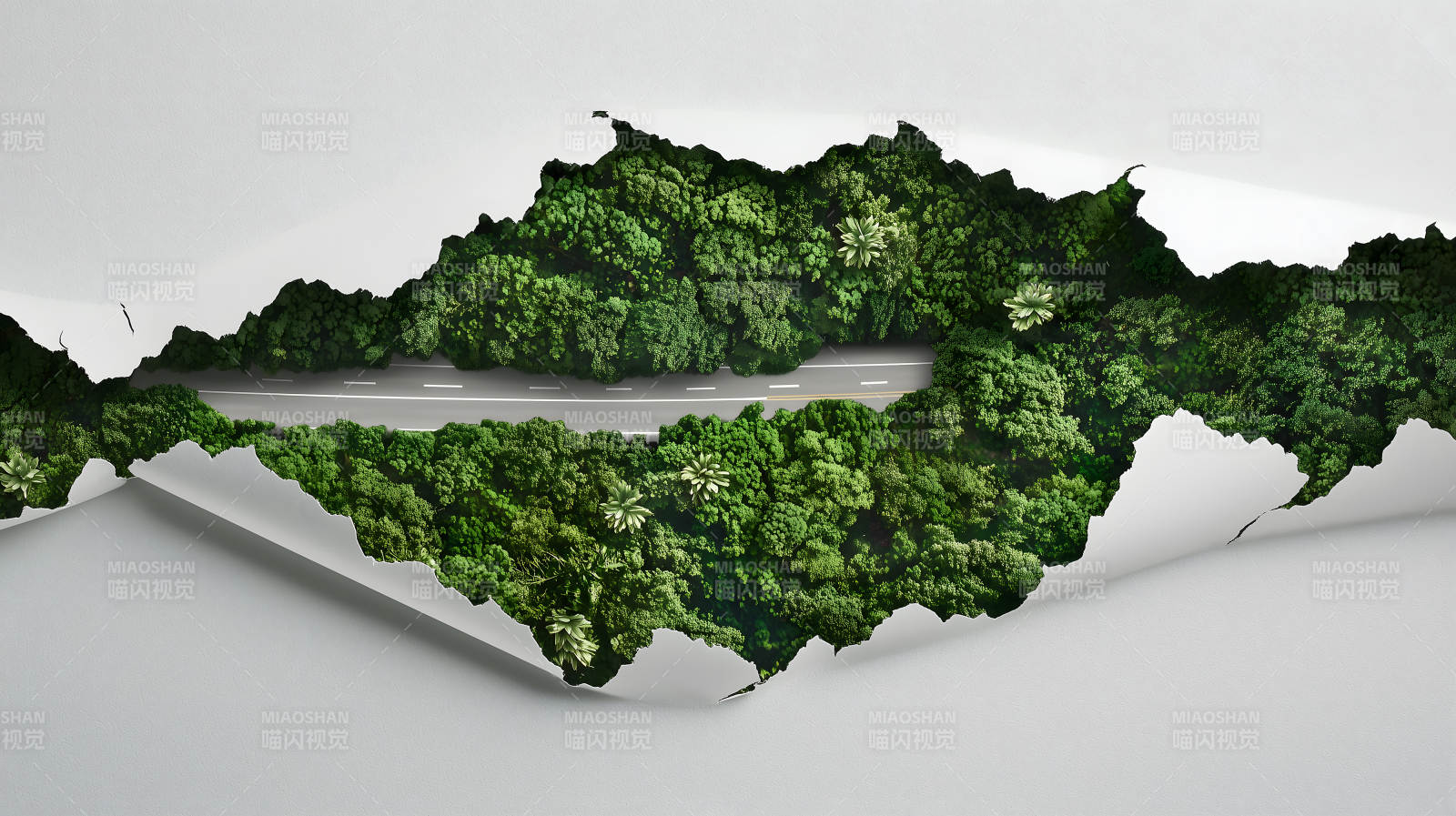 撕裂的纸张与森林公路图片