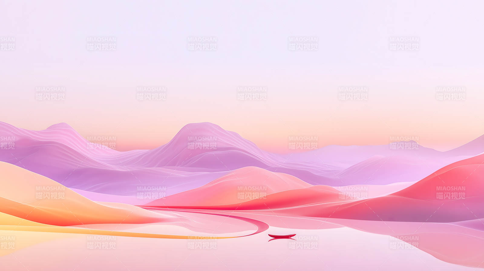 梦幻粉色山峦与小舟图片