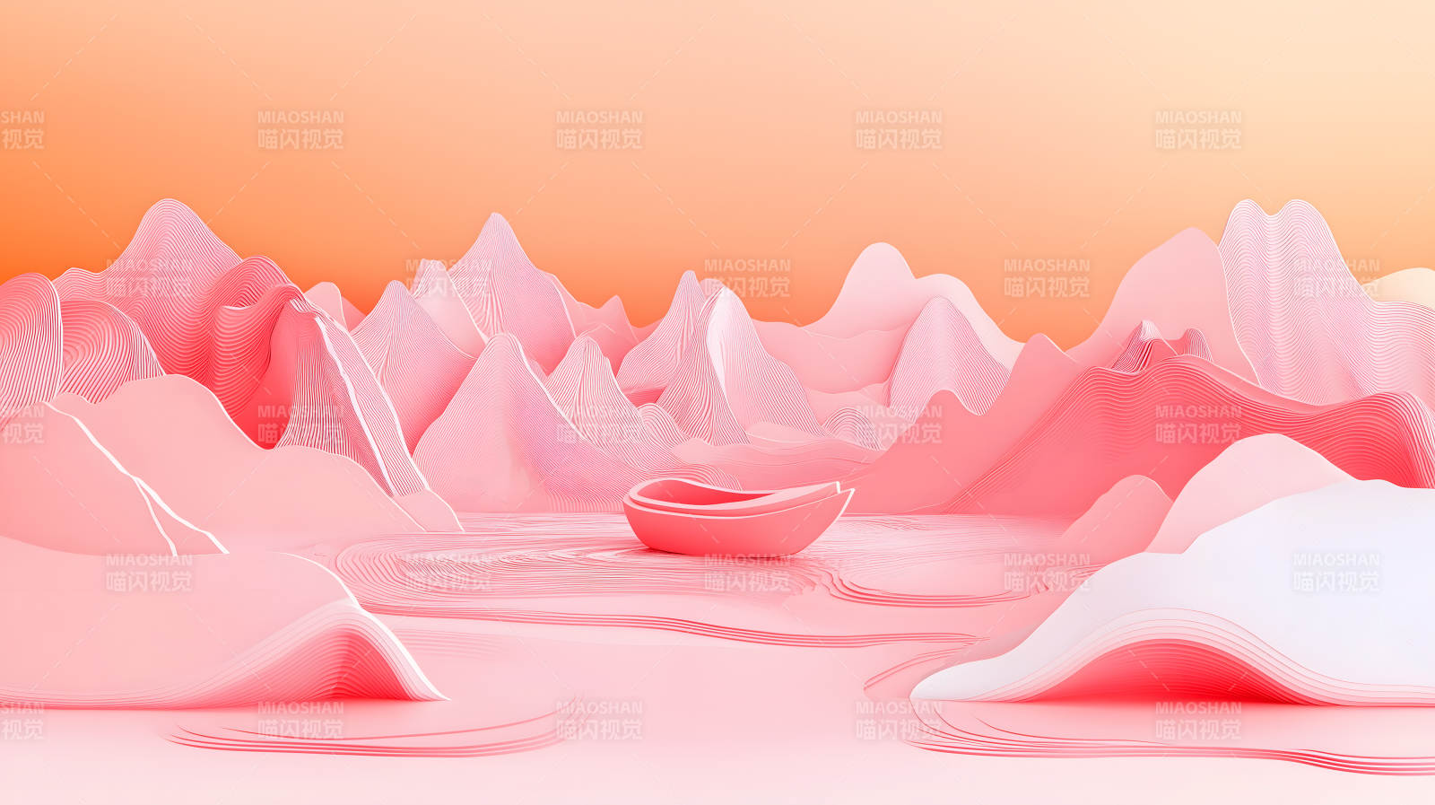 粉色山峦与小船图片