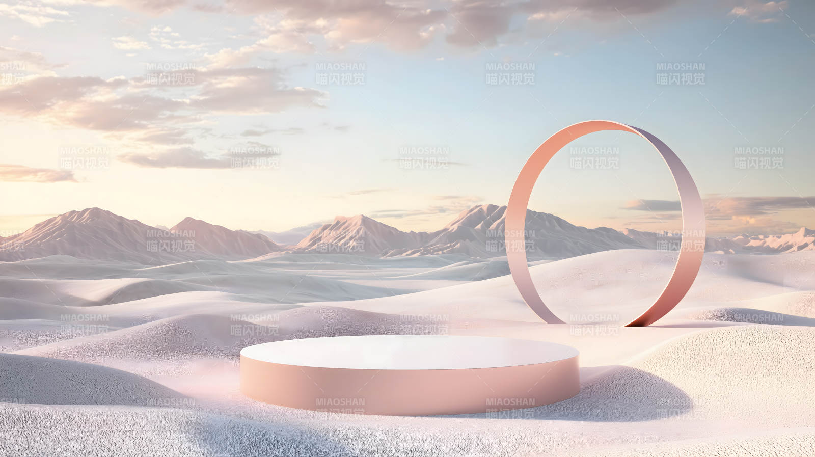 沙漠日出与几何展示台图片