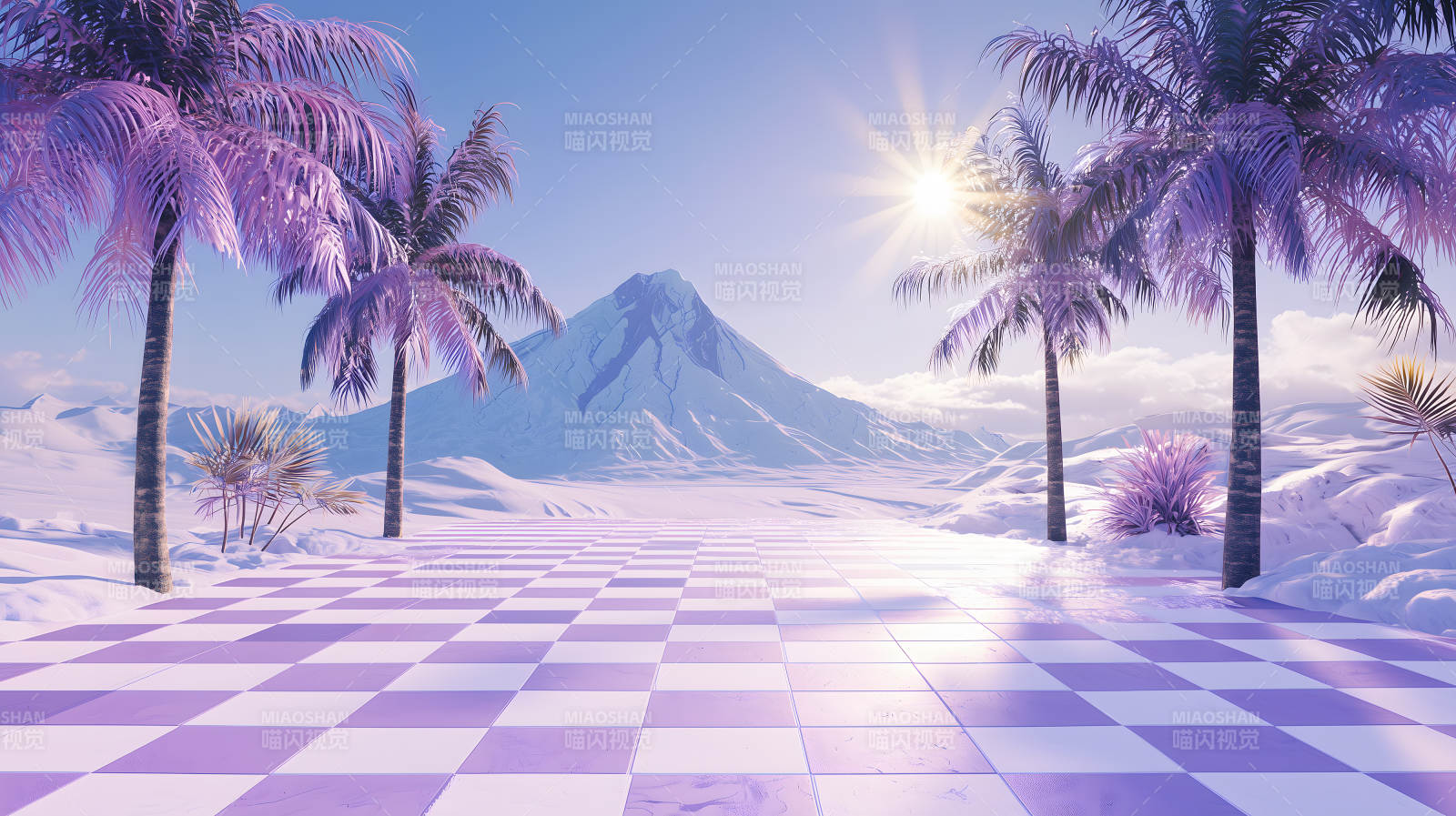 雪山下的紫色棕榈树图片