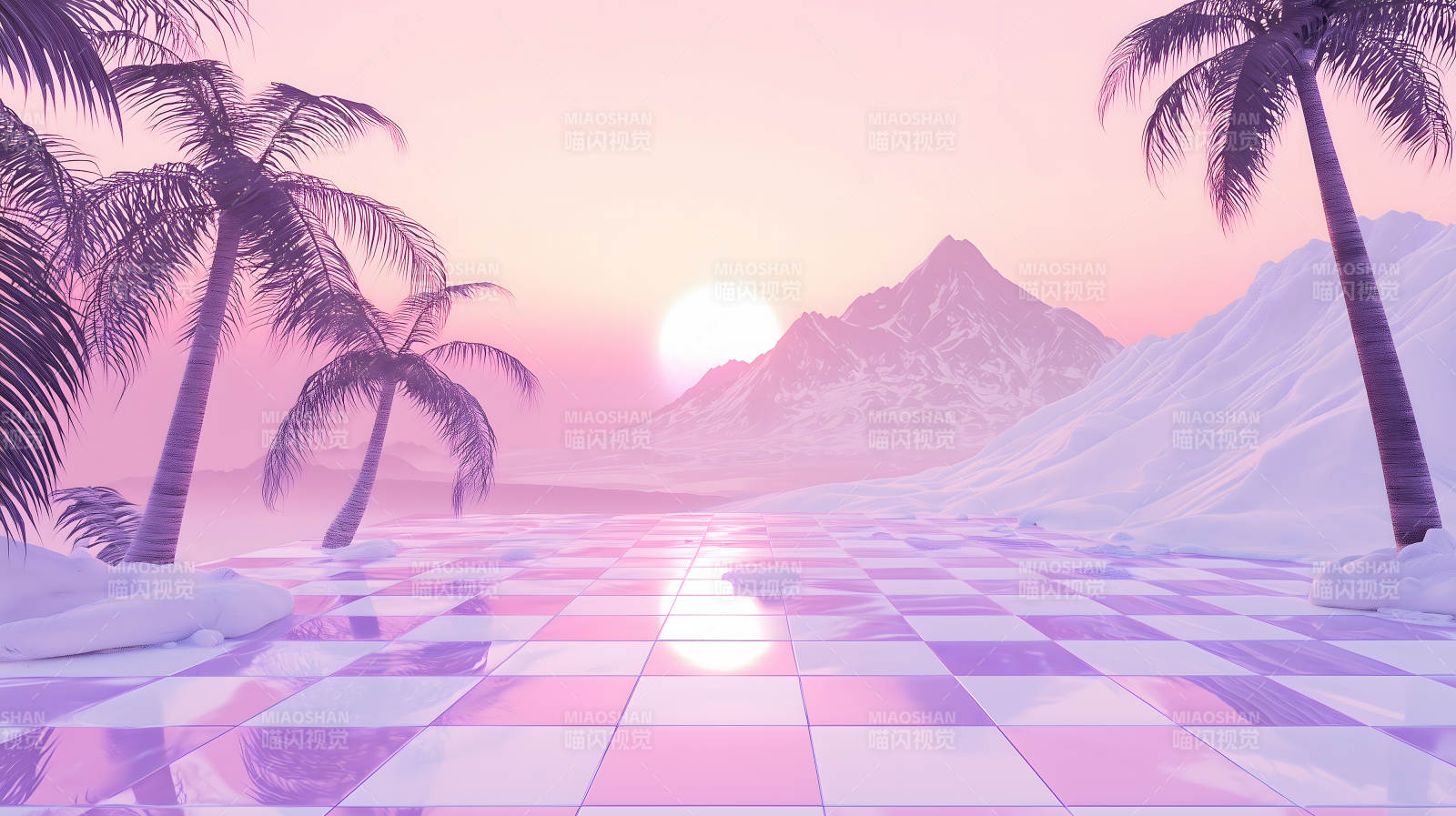 粉色梦幻雪山椰林图片