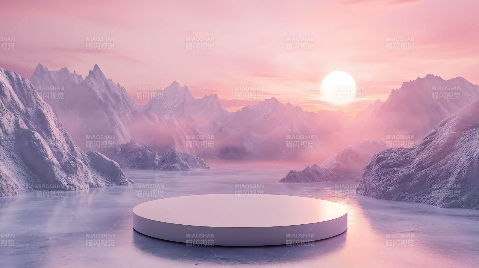 梦幻雪山日落下的圆形展台图片