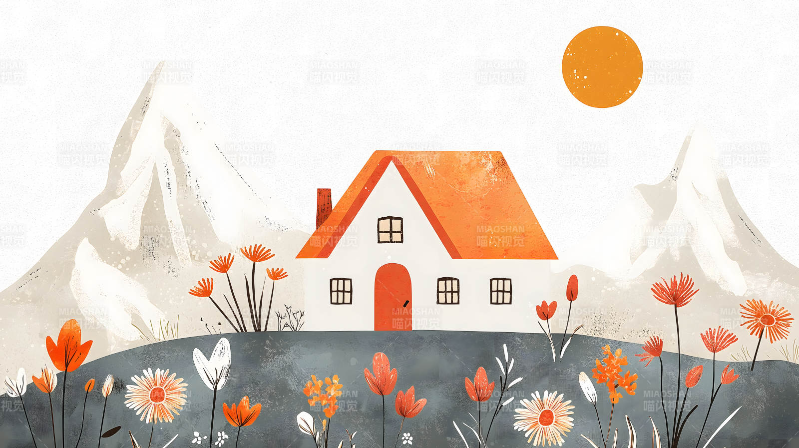 山间小屋与花海图片