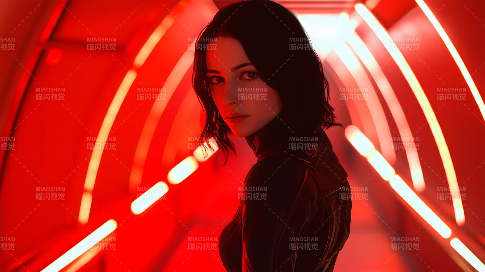 霓虹红光下的女子图片