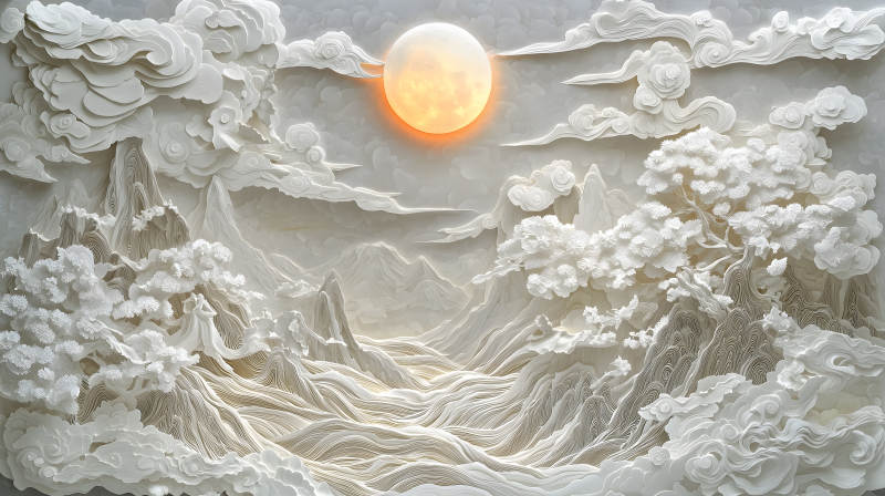 纸艺山水月夜图图片