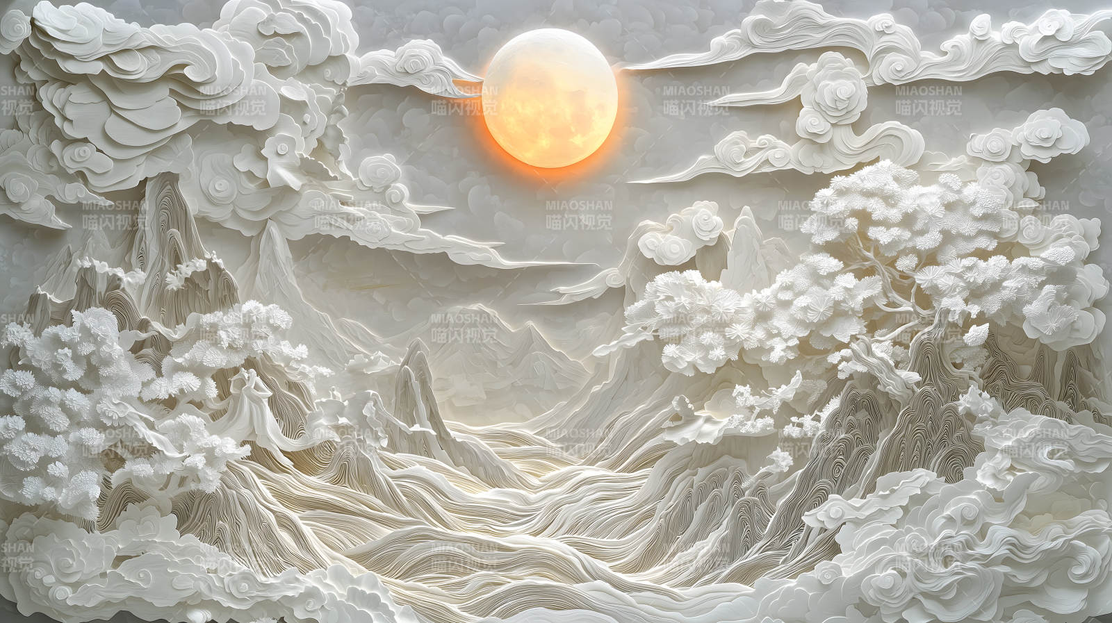 纸艺山水月夜图图片