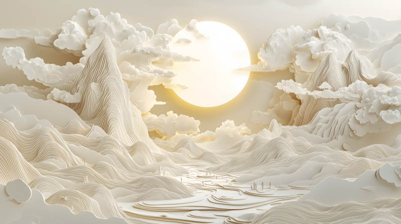 纸艺山峦与明月图片