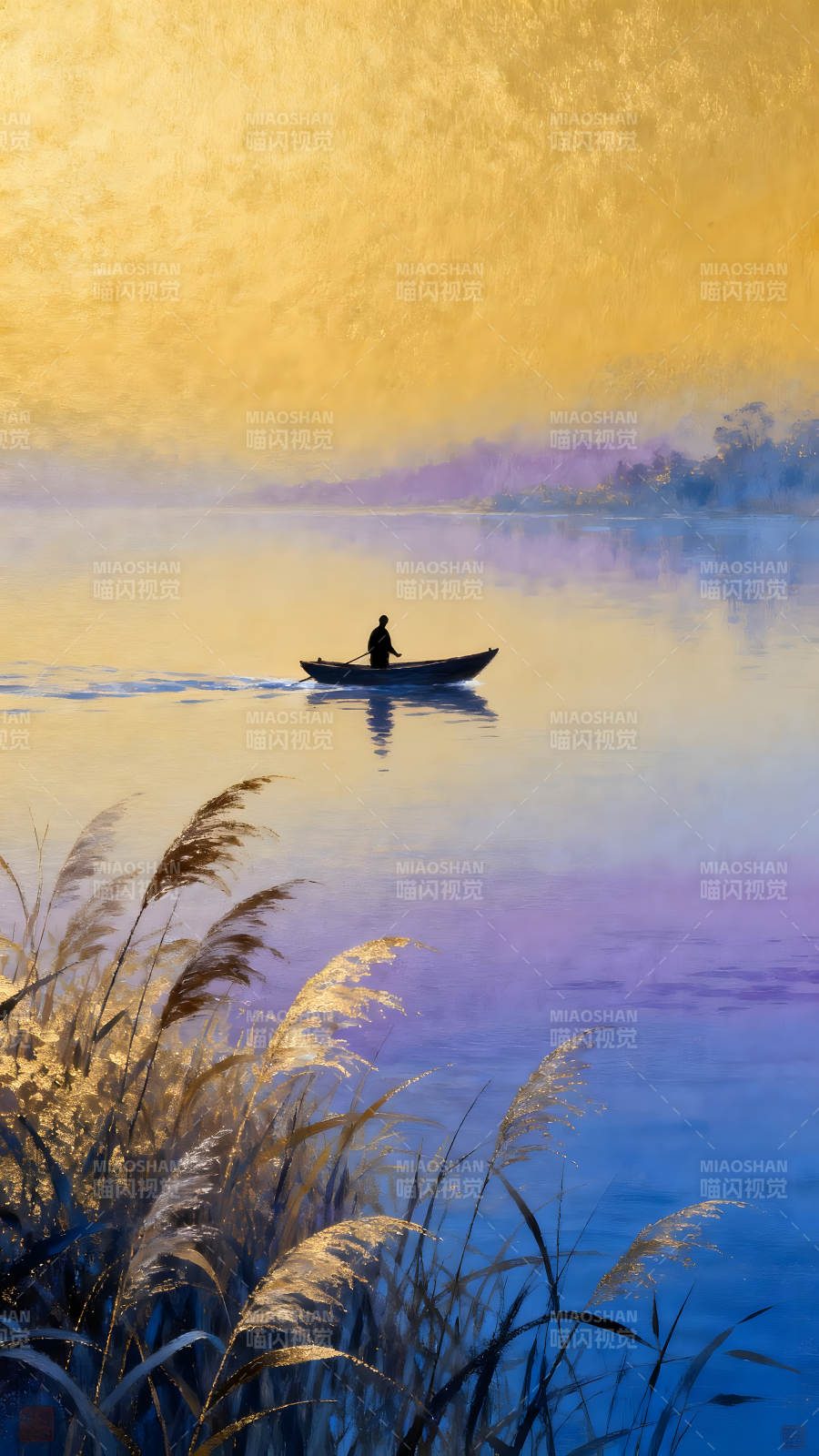 金色湖面上的孤舟宁静致远图片