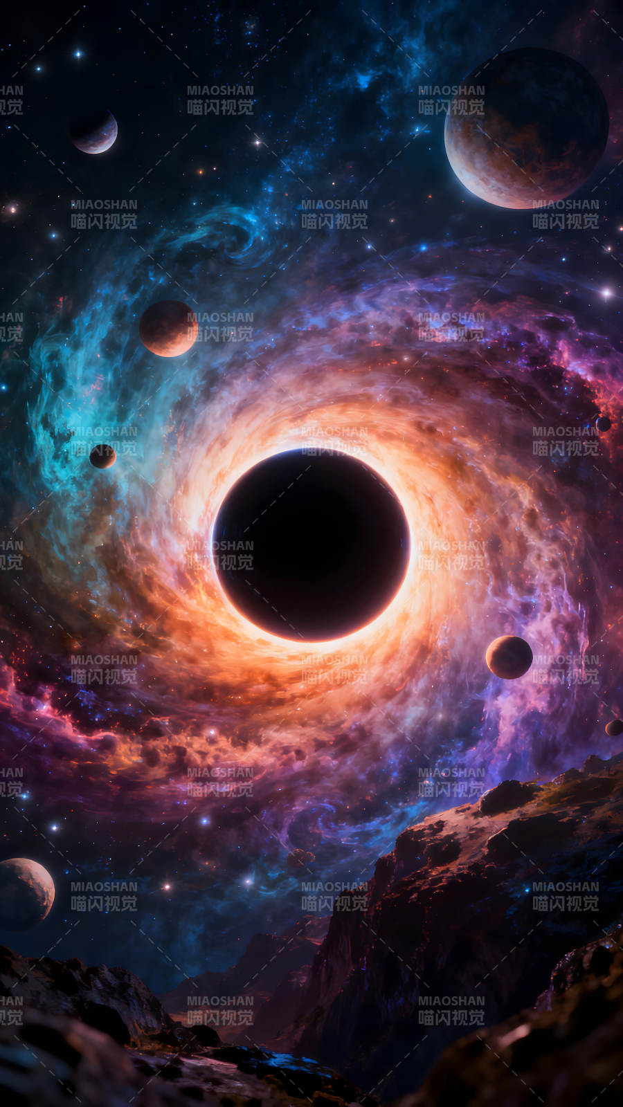 宇宙黑洞漩涡与行星交织的星空图片