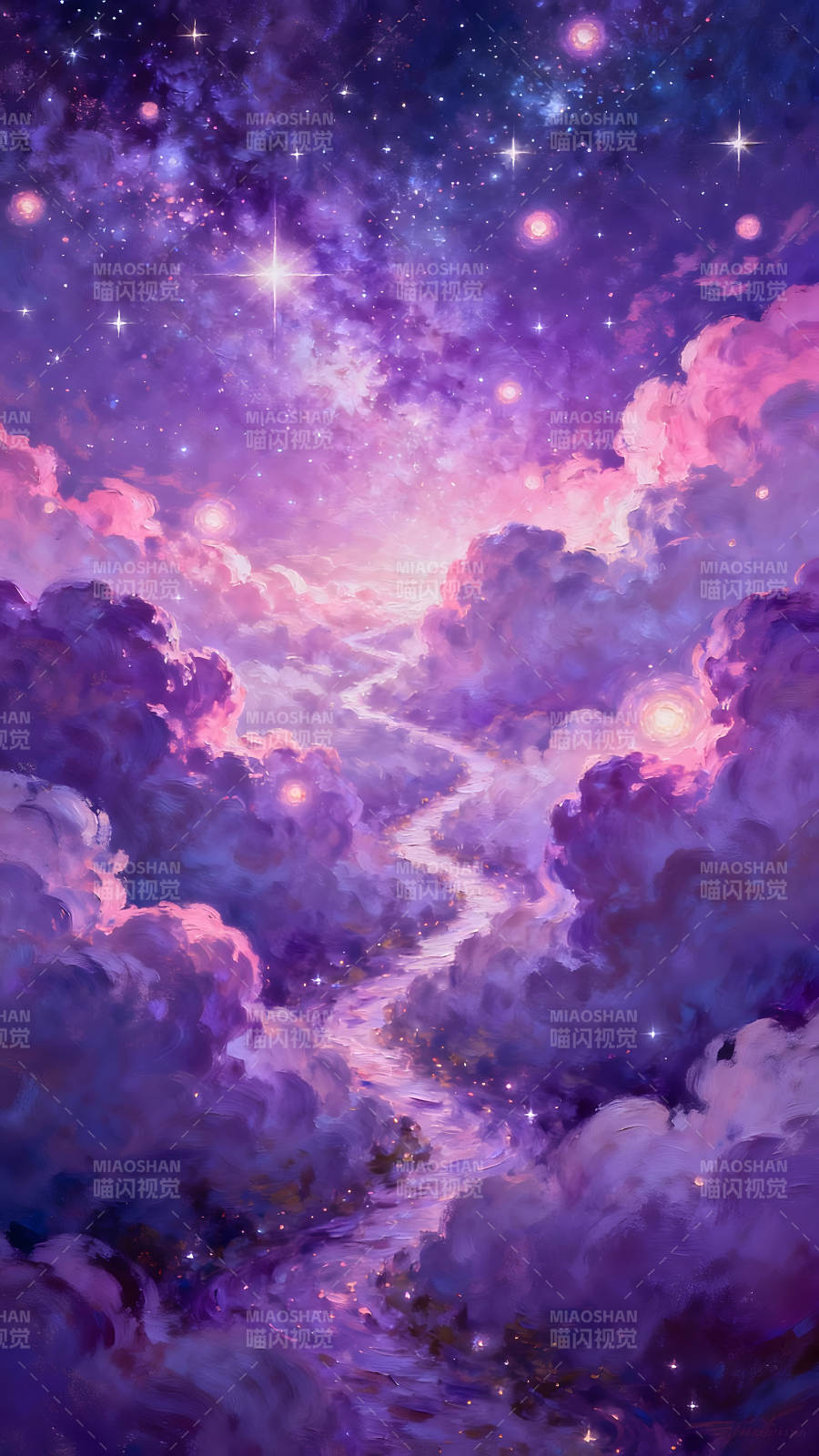 梦幻般的紫色云朵和星空图片