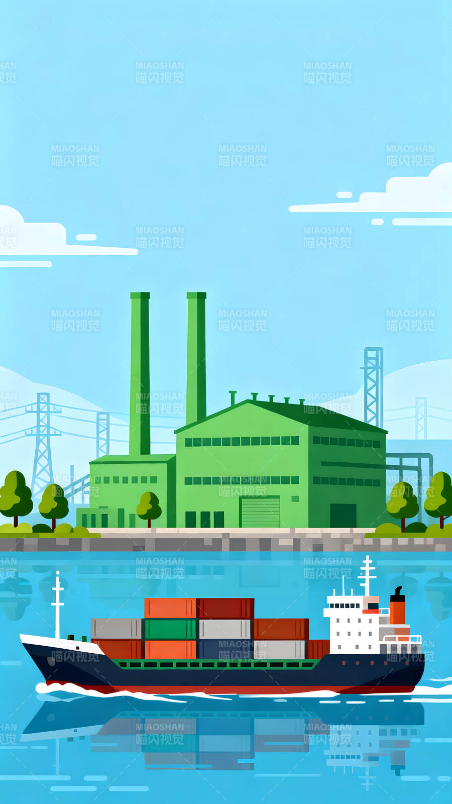 航运码头景象：货船与工业建筑图片
