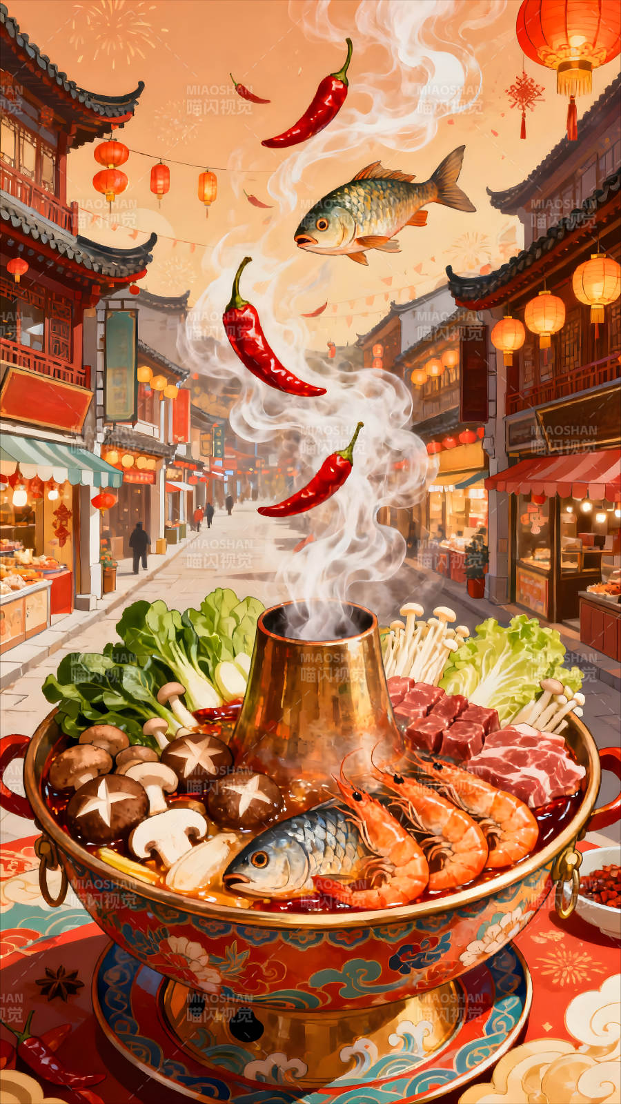 热闹的火锅场景与中国古城街道图片