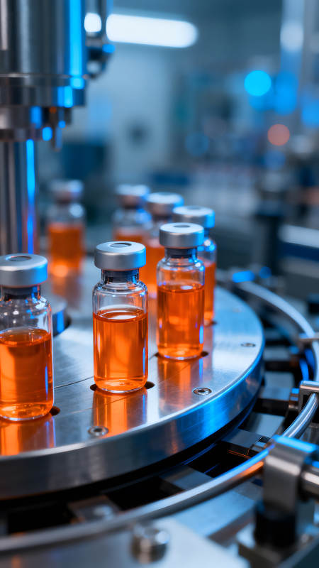 疫苗生产线上的橙色药剂瓶图片