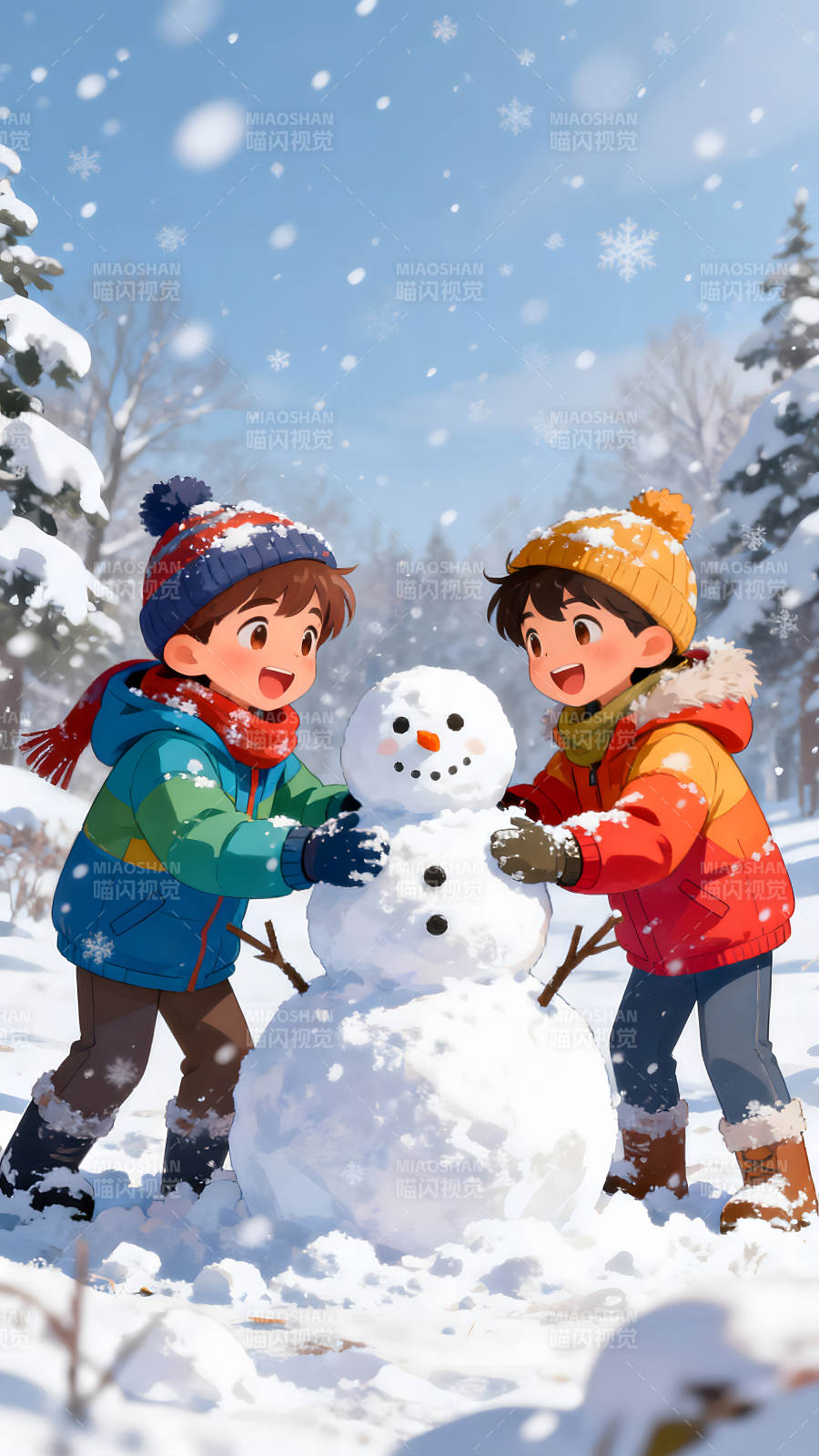 孩子们堆雪人开心的场景图片