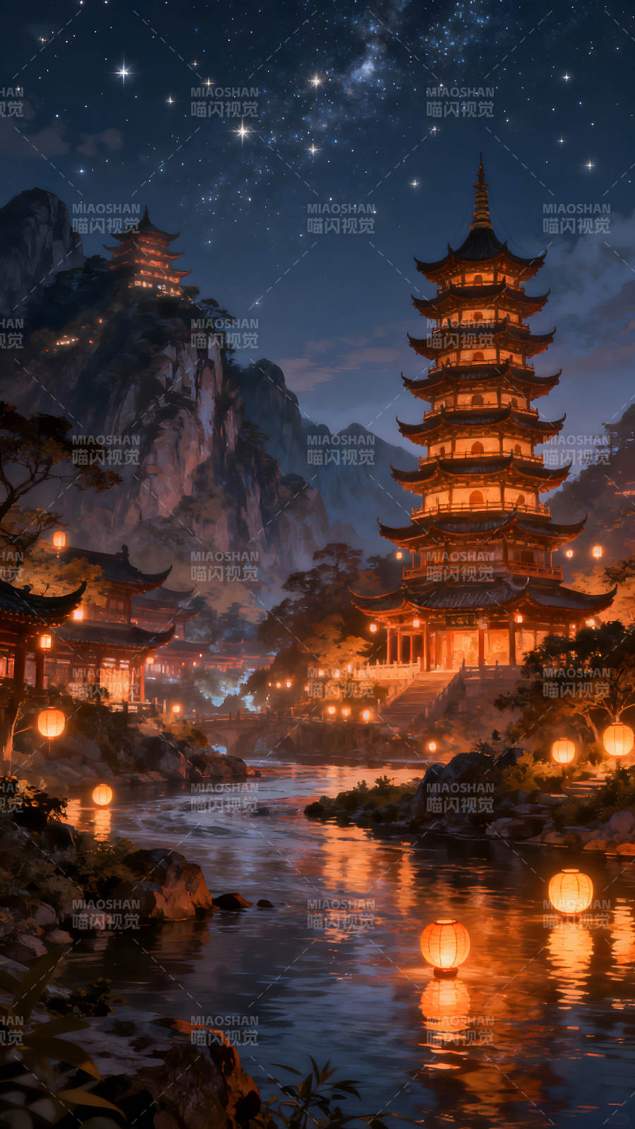 夜幕下的古老东方寺庙图片