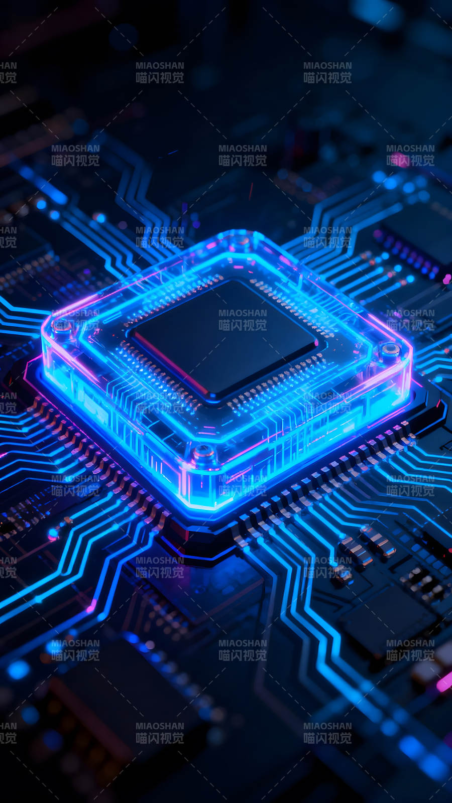 芯片电路板特写蓝色光效图片