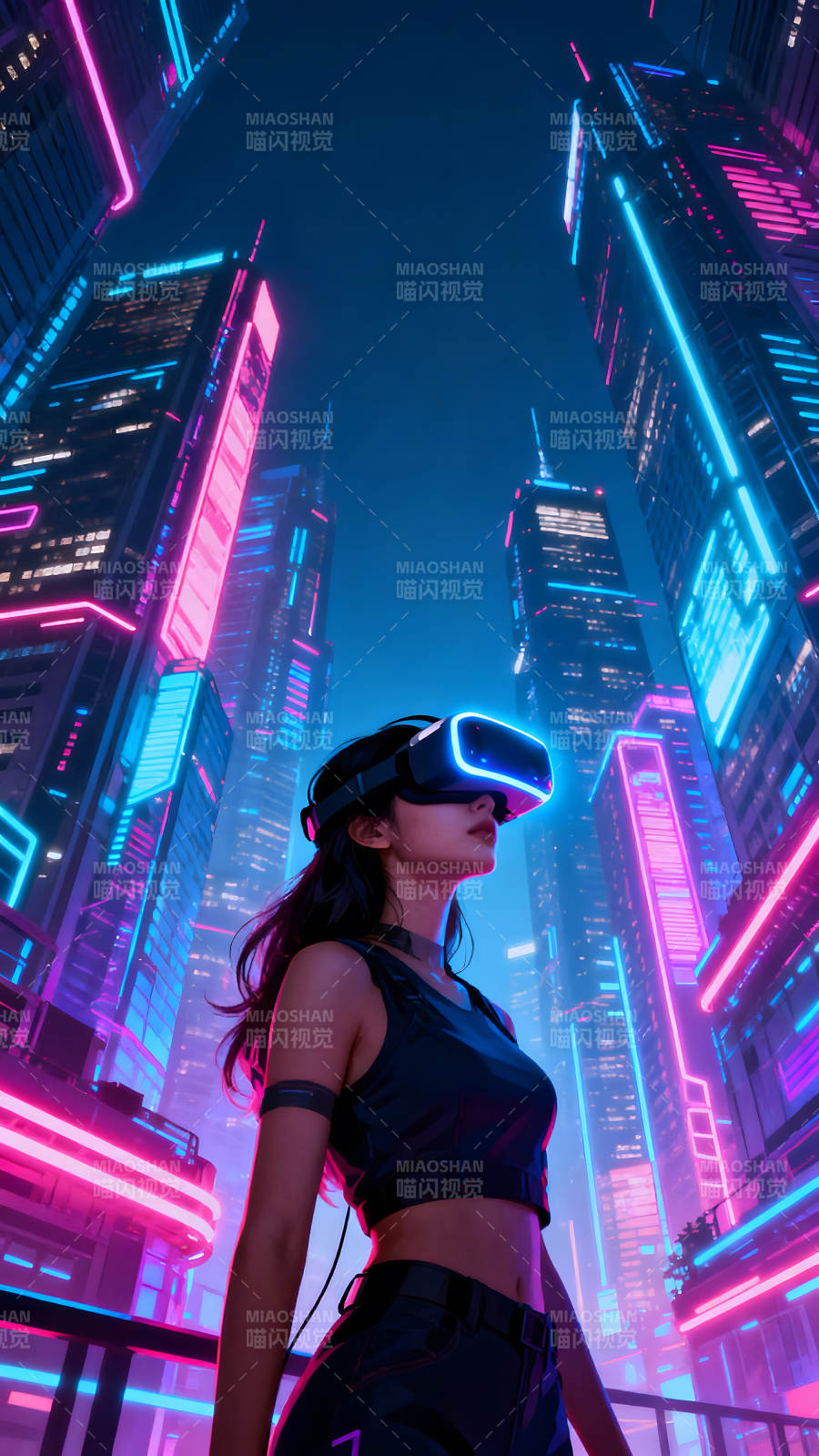 VR科技少女凝视未来城市夜景图片