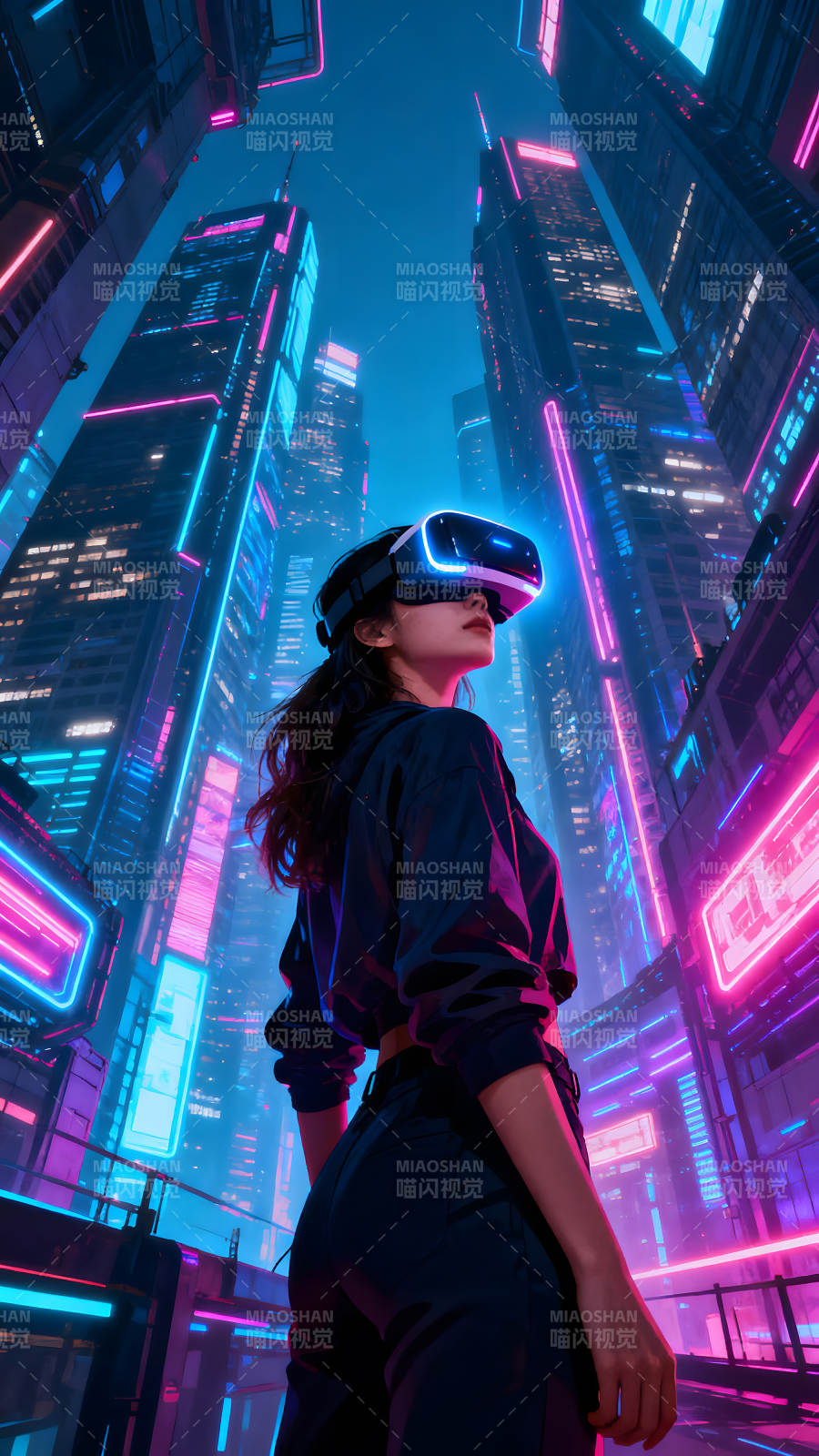 VR体验未来城市霓虹灯映衬图片