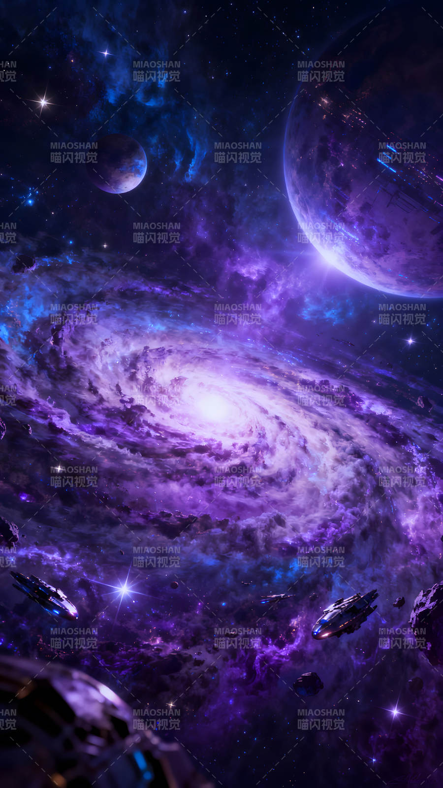 宇宙星云中的壮观星系与飞船图片