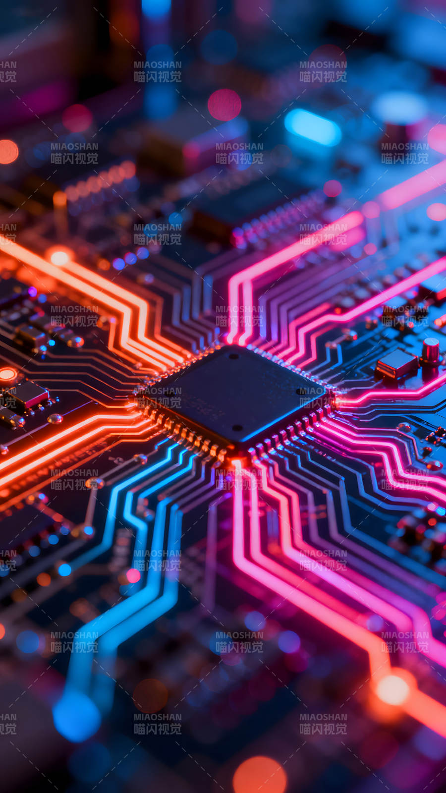 电路板特写霓虹光效科技感十足图片
