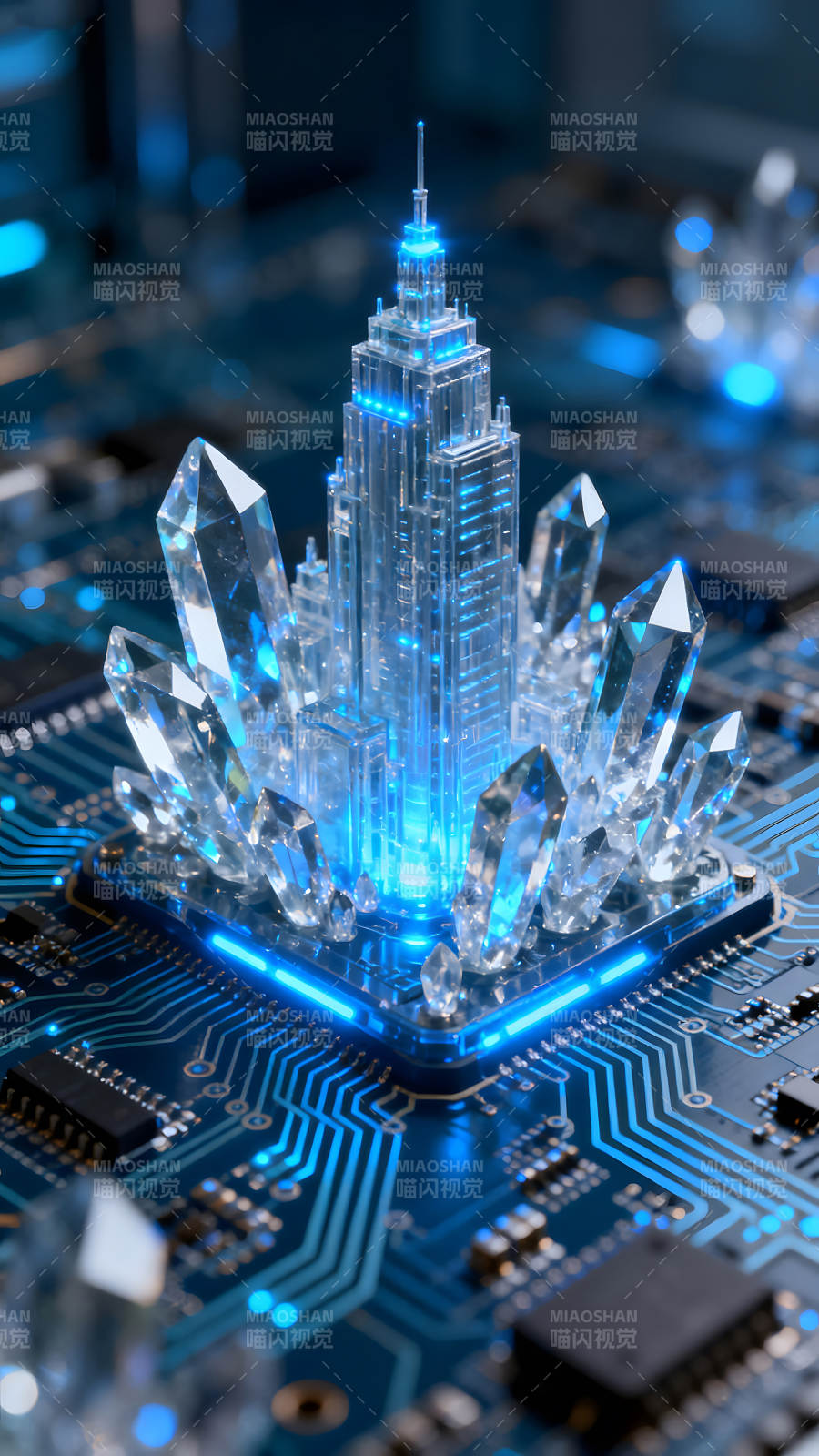 晶体建筑与电路板的科幻结合图片